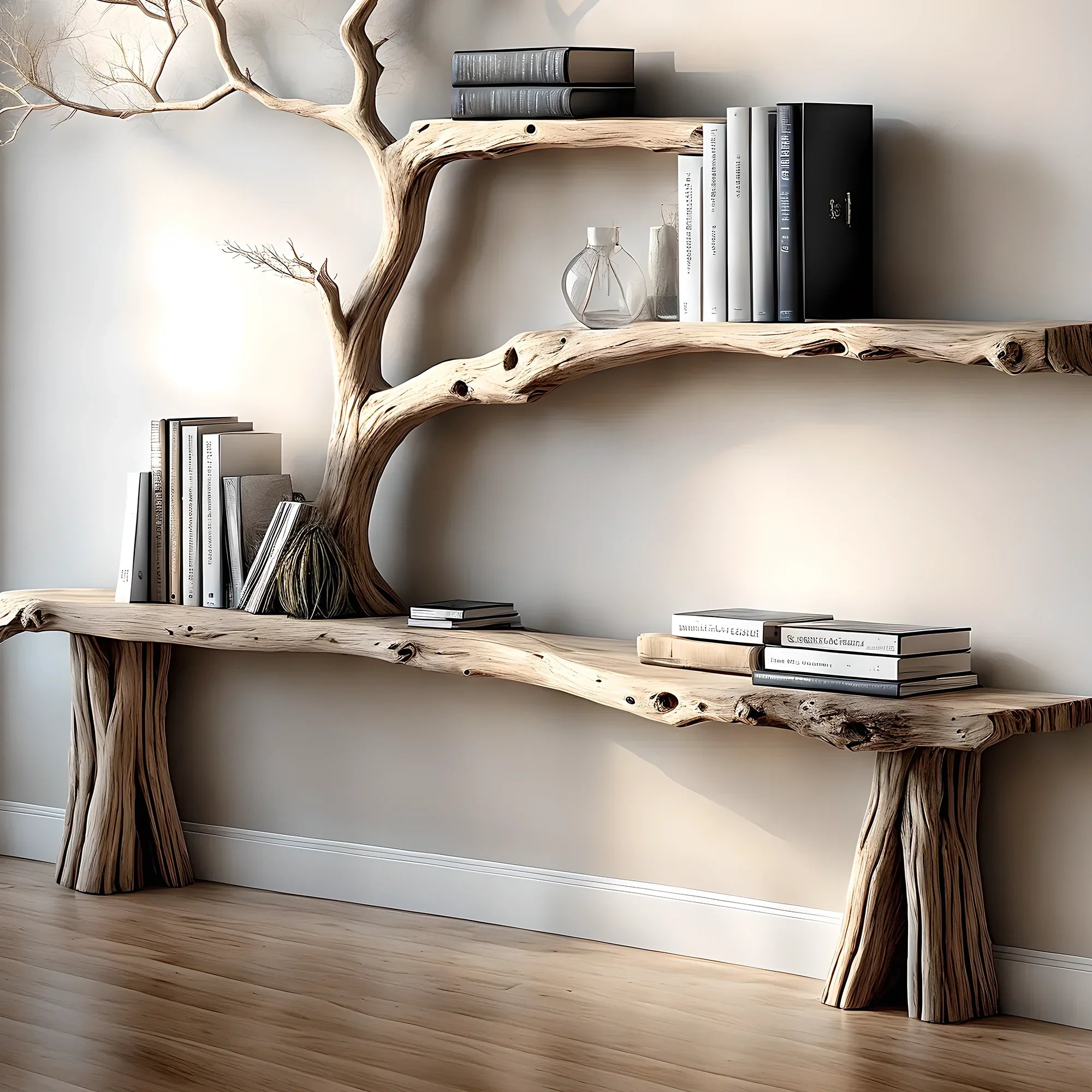 console table reading table with tree shaped bookshelf