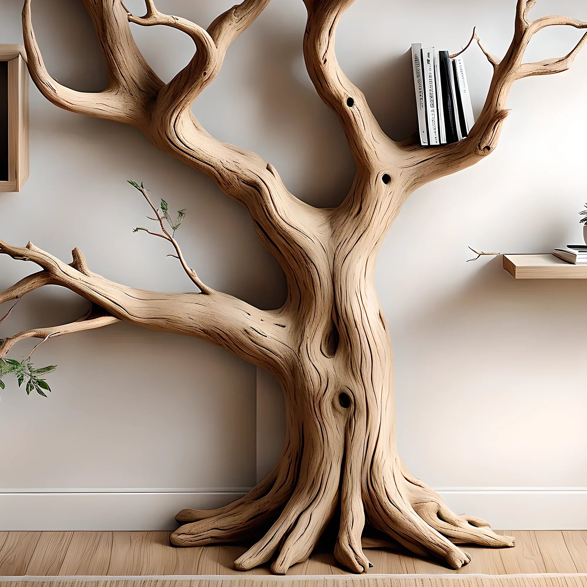 Bookshelf shaped like an old tree, aged wooden bookshelf, wall-mounted decorative bookshelf