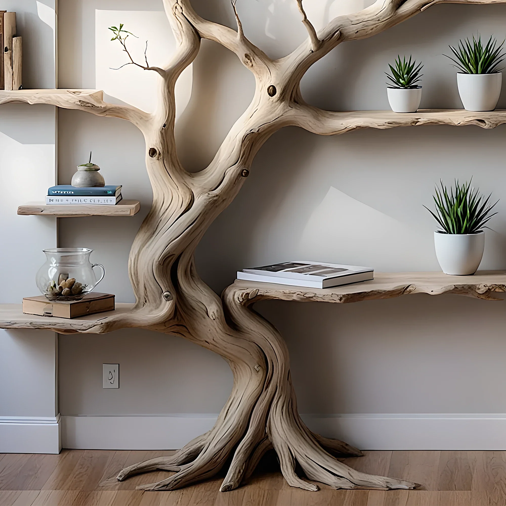 Tree branch floating shelf solid wood live edge floating corner wall shelf unique bookcase home decor.