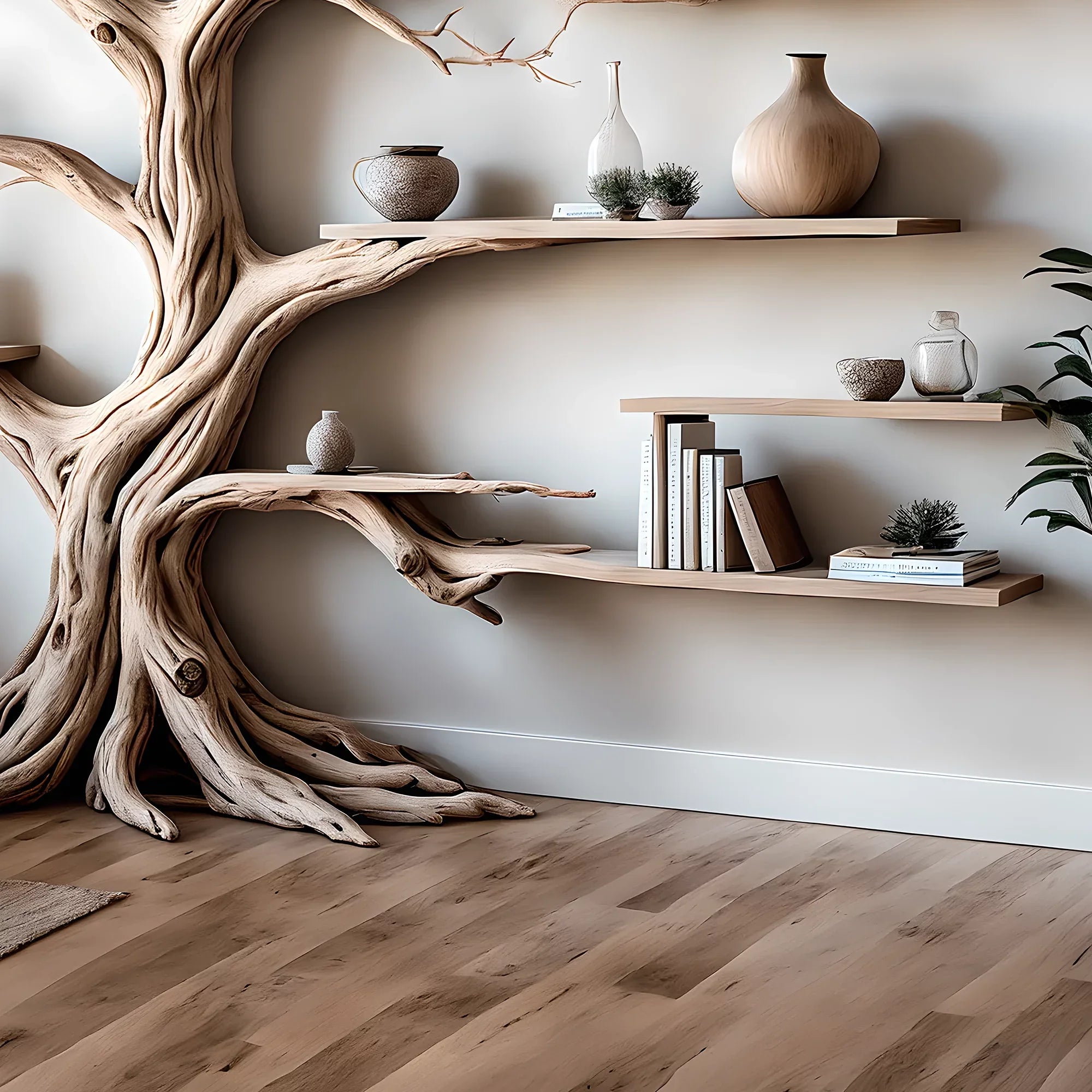 ancient tree bookshelf, floating bookshelf, solid wood