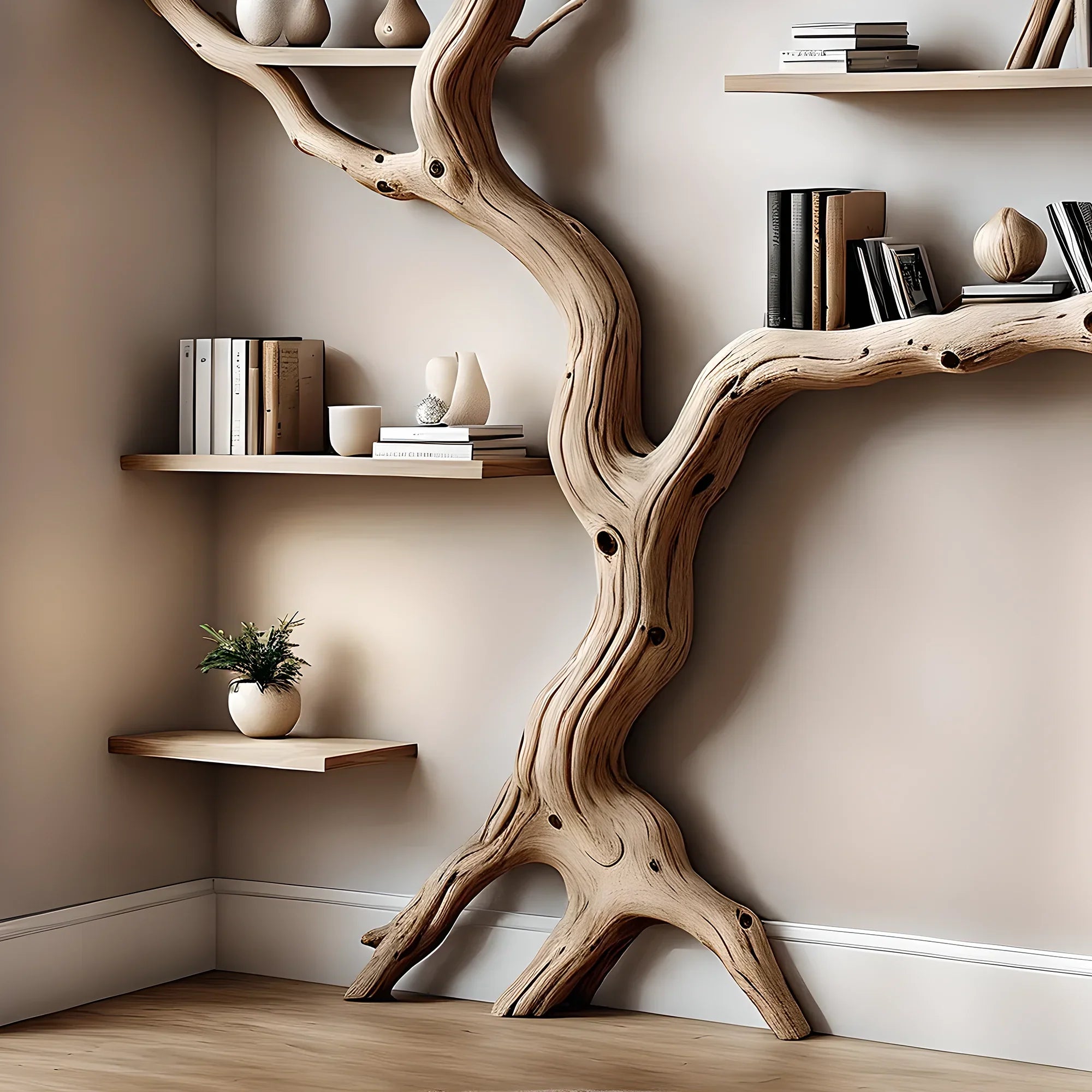 Decorative bookshelf made of solid driftwood for home decoration