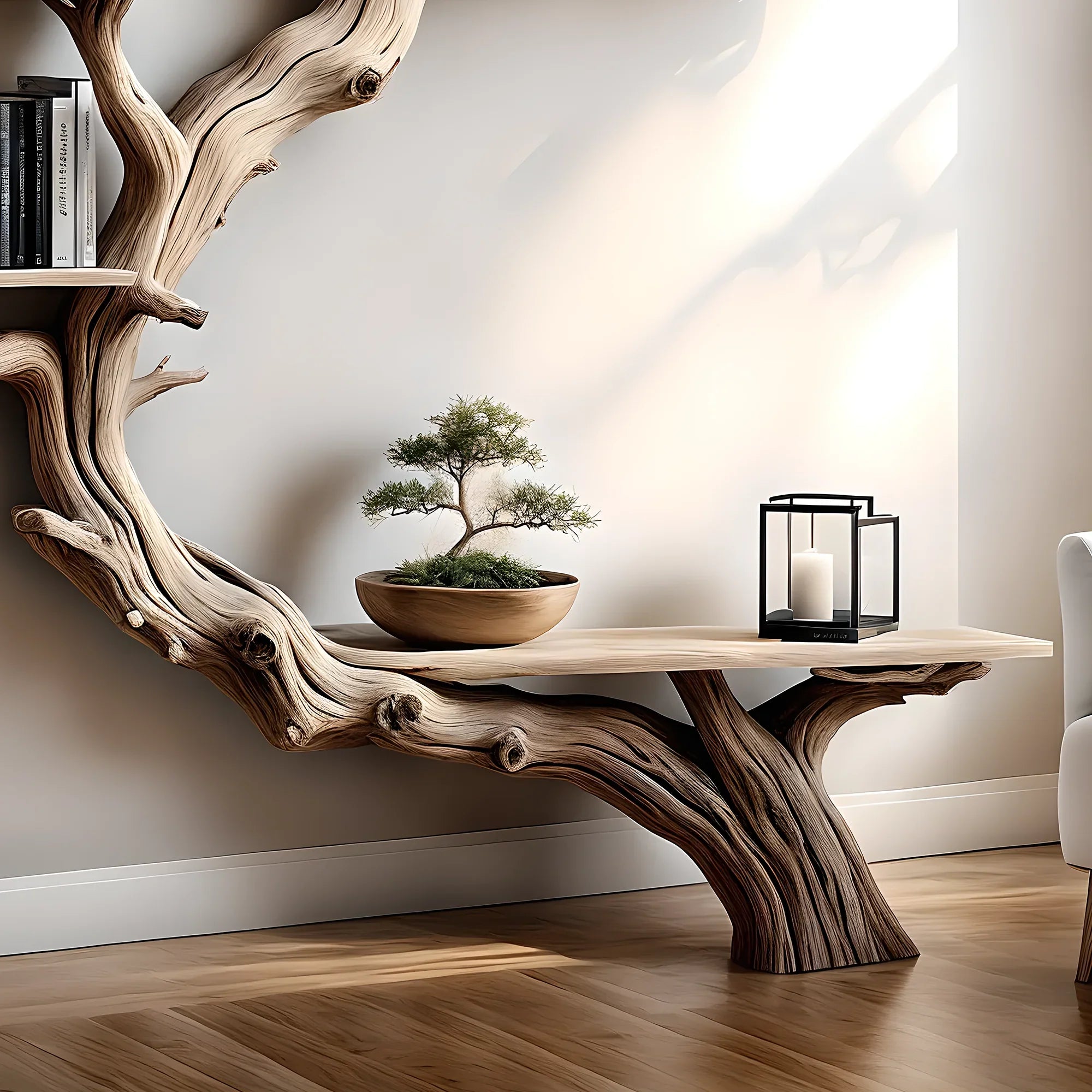 Tree branch bookshelf, handmade items, floating bookshelf, bookshelf, living room, bookshelf