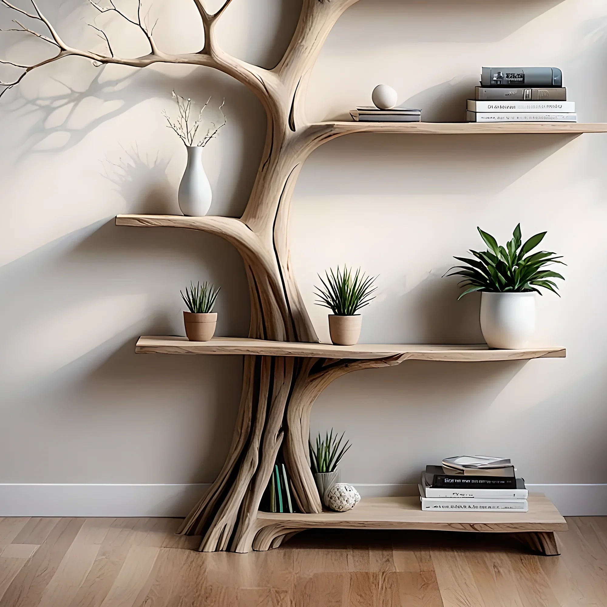 Tree-shaped bookshelf, 100% handmade, solid wood shelf, floating shelf, living room decoration shelf, natural wood shelf