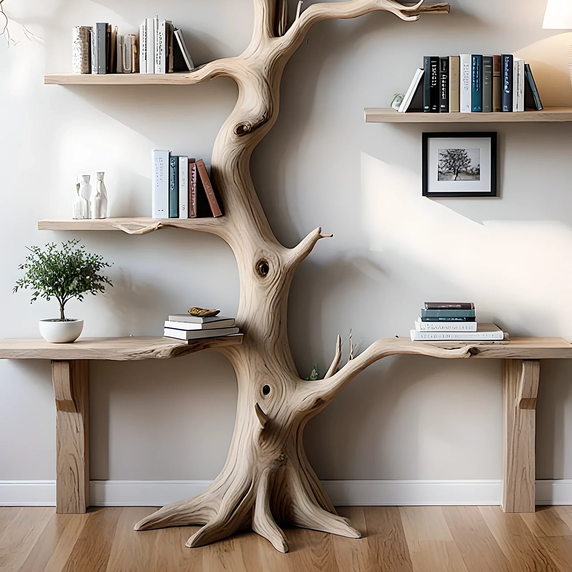 Tree bookshelf for living room or bedroom Handmade wooden furniture Driftwood branches bookshelves solid wood floating wall shelves.