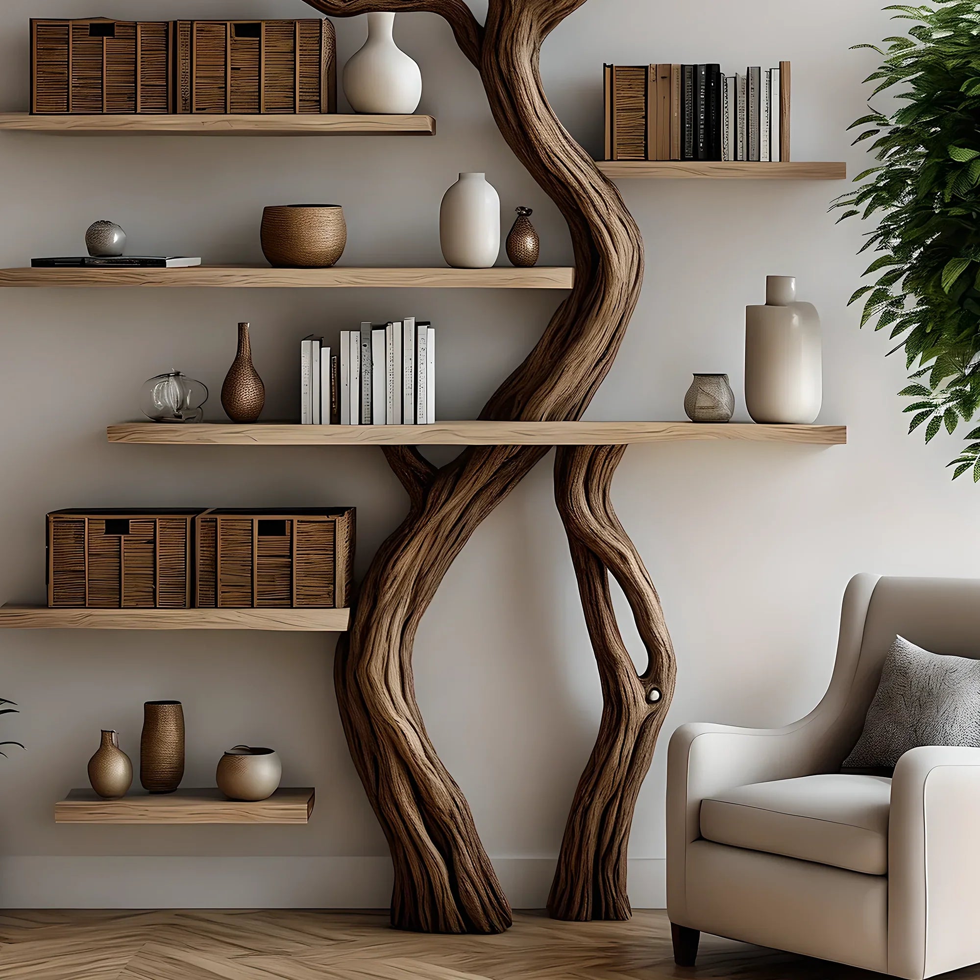 Tree branch bookshelf, handmade items, floating bookshelf, bookshelf, living room, bookshelf