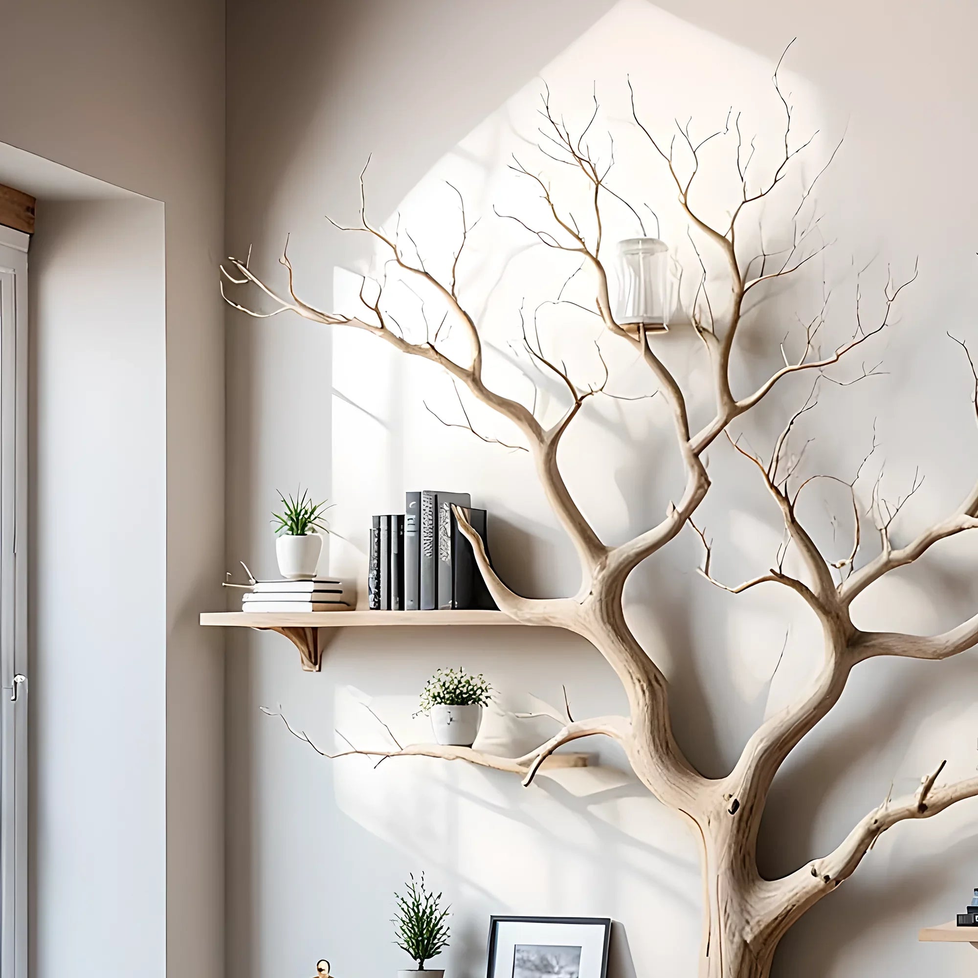 Tree shaped wall shelf, old wooden shelf. Decorative bookshelf