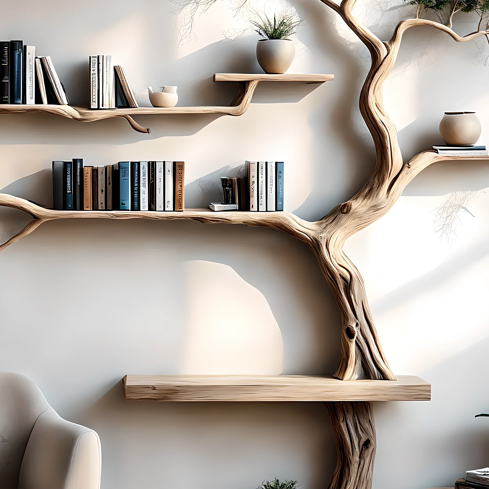 '-Handmade wall-mounted solid wood tree branch bookshelf for interior decoration