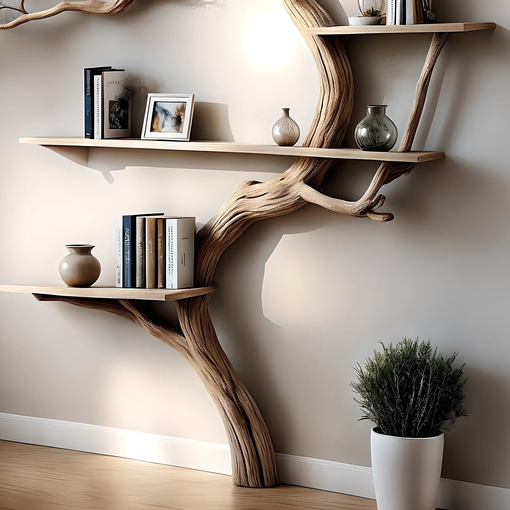 Driftwood tree-shaped bookshelf used to decorate living room, balcony