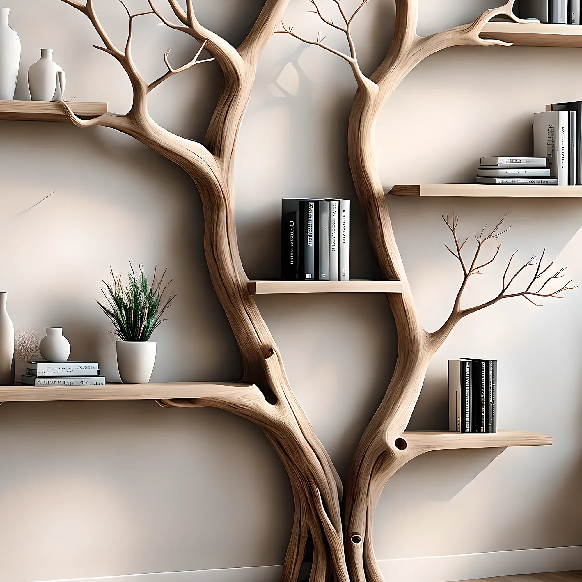 Bookshelf shaped like a tree with 2 branches, bookshelf shaped like a perennial wooden tree, living room decoration