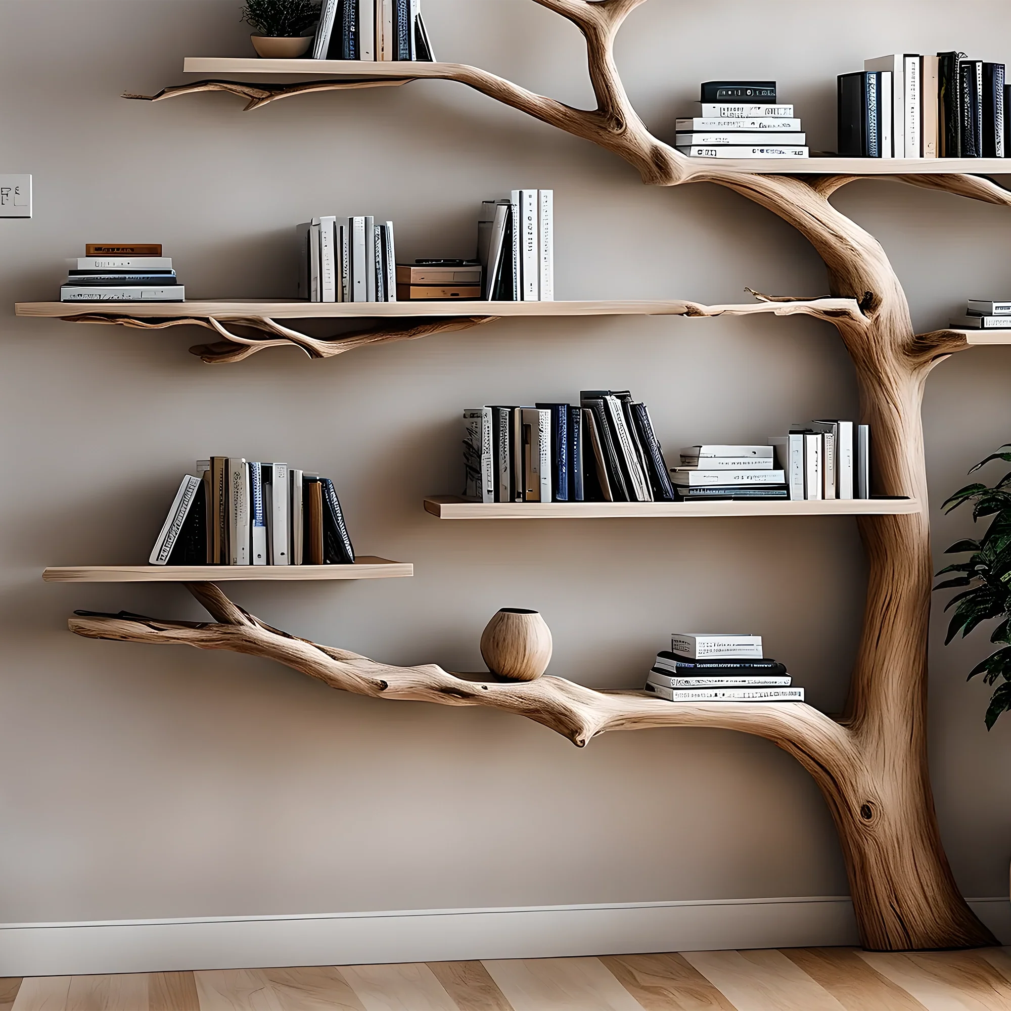 Tree shaped bookshelf, solid wood tree branch shelf, handmade wall hanging interior decoration for home