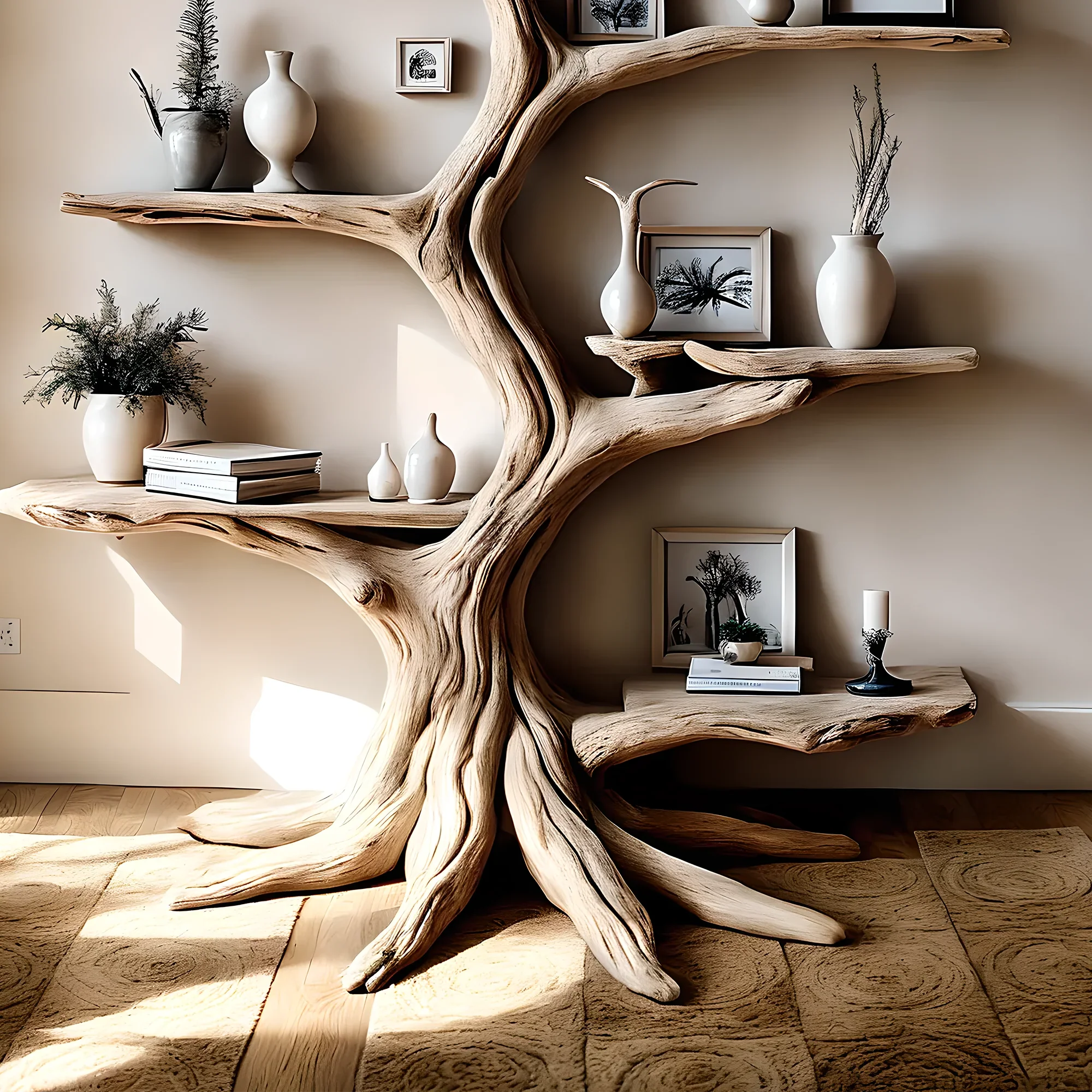 bookshelf, tree-shaped bookshelf, solid wood, teak wood, driftwood, home decoration, life gift