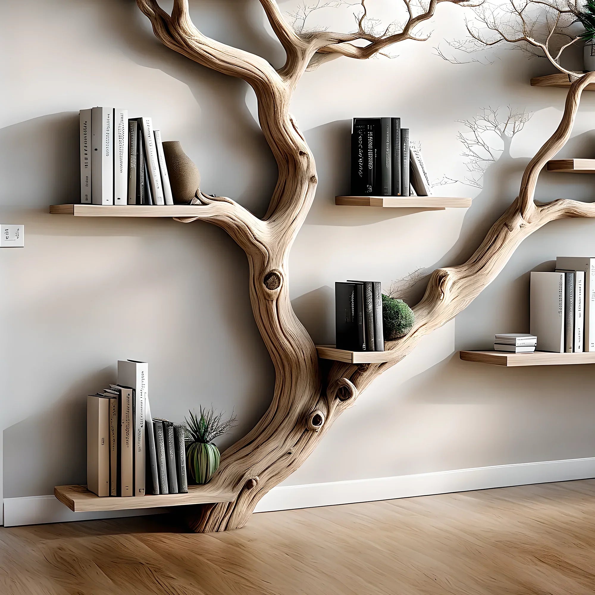 Decorative shelf made of natural driftwood, 100% handmade, solid wood, tree-shaped bookshelf, gift