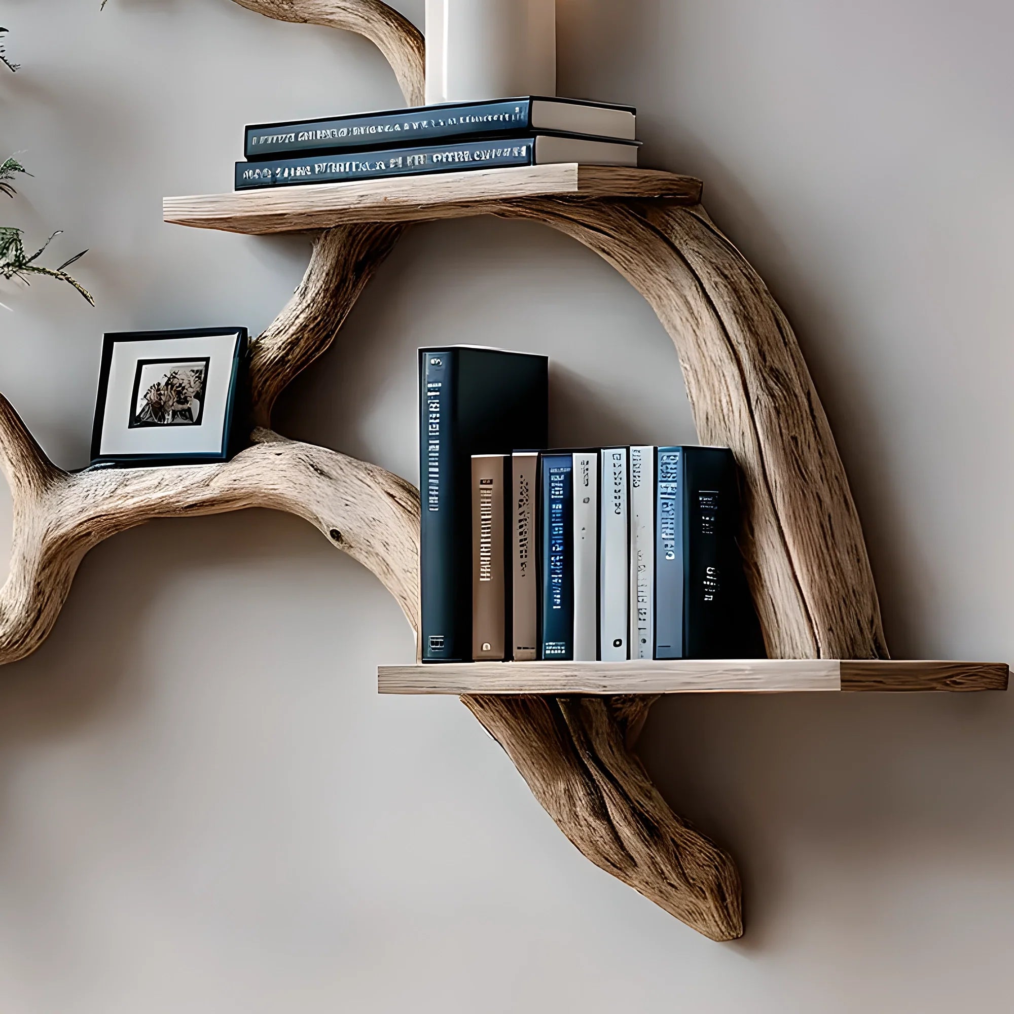 tile-Bookshelf decorated with tree branches Solid wooden bookshelf for decoration