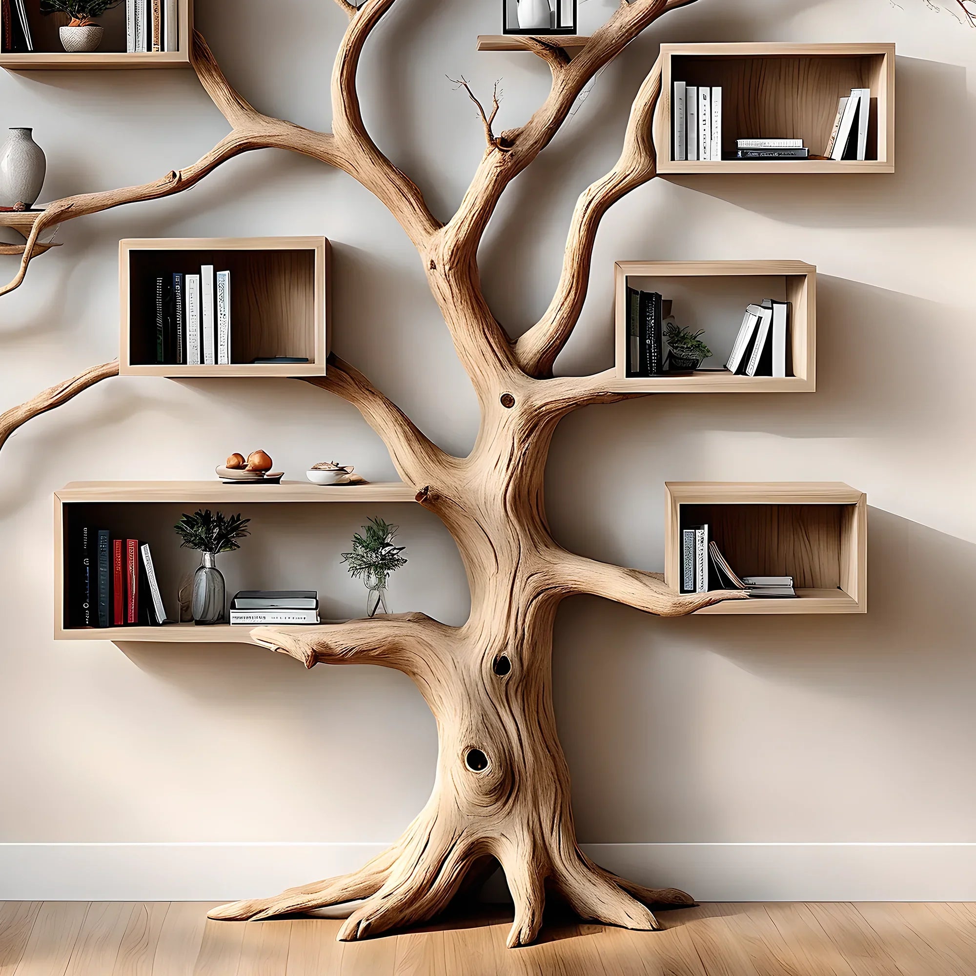 Tree-shaped bookshelf with box shelf, tree-shaped bookshelf, square floating shelf, home decoration