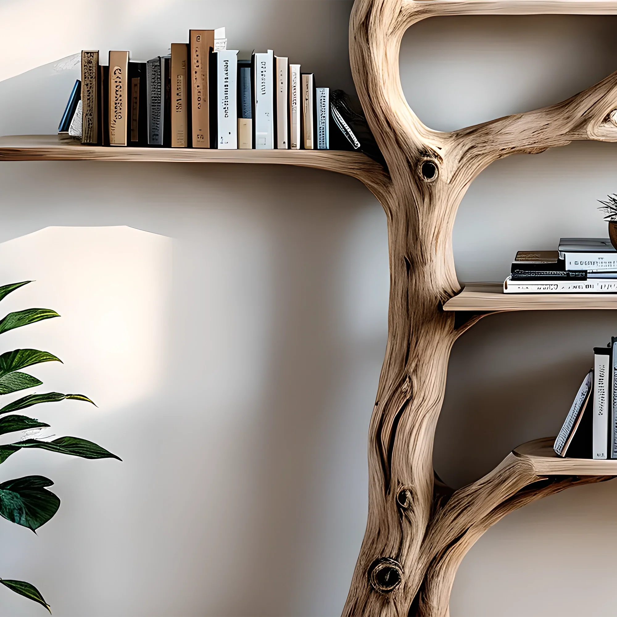 Solid wood tree branch bookshelf, handmade wall hanging, interior decoration for living room