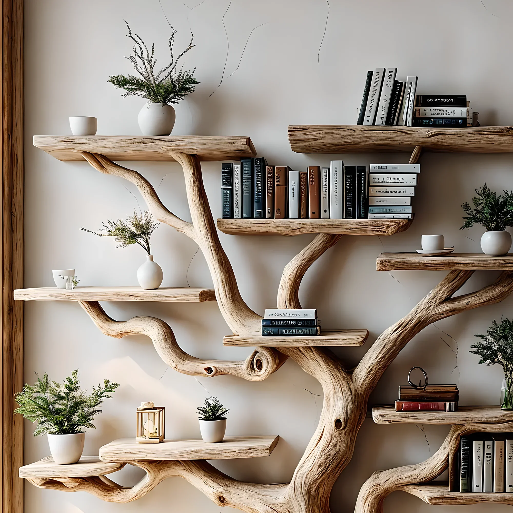 Bookshelf made of pine branches, Natural wood, Children's bookshelf, Decorative library