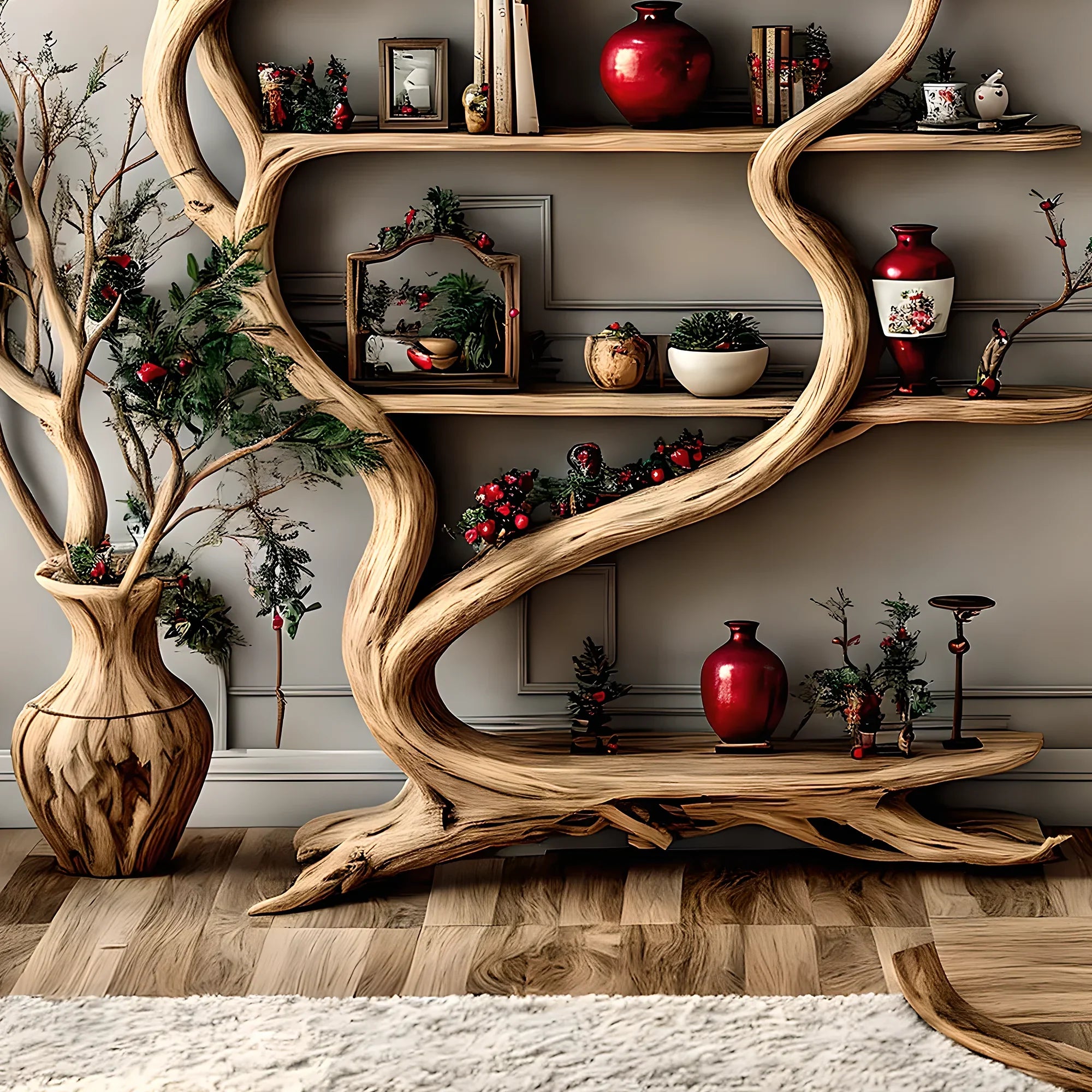 Decorative shelf in natural tree shape, solid wood, living room decoration