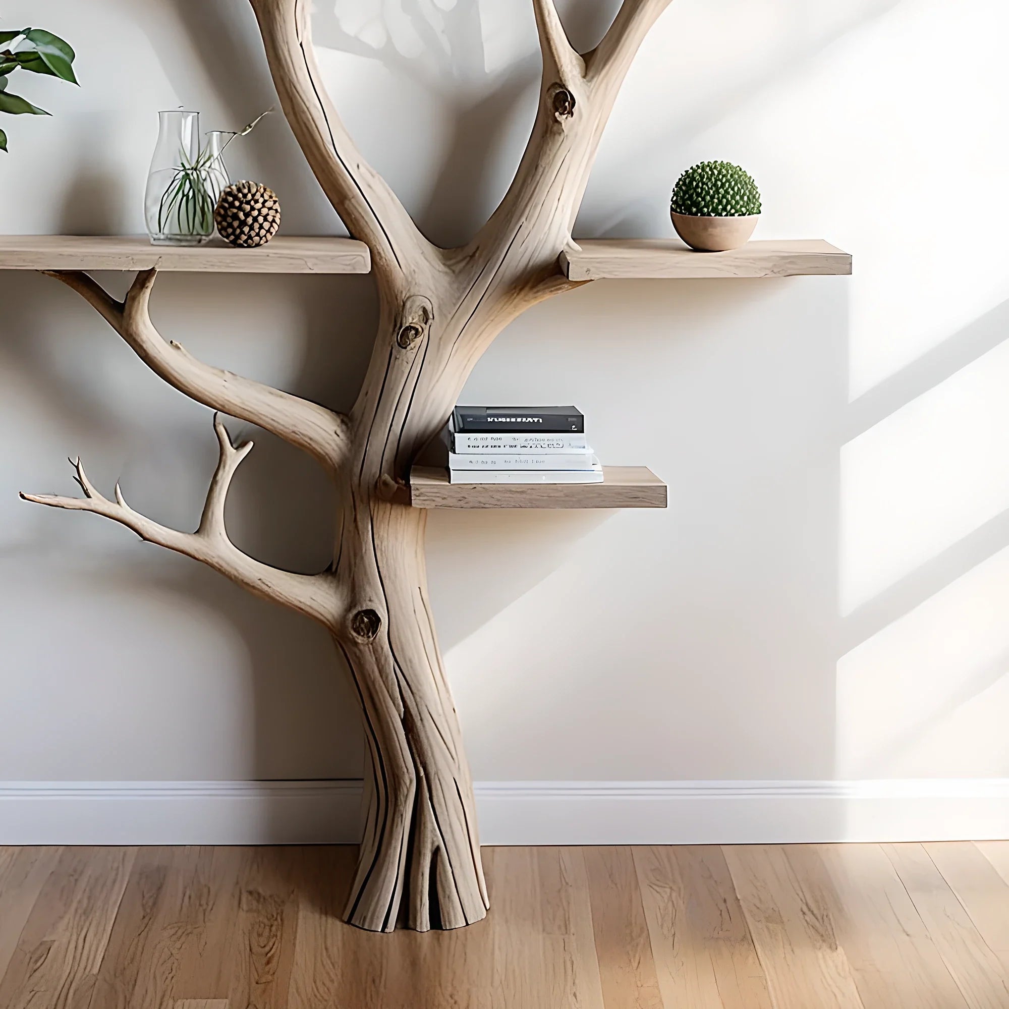 Tree floating book shelf wall mount solid wood walnut bookcase decor.