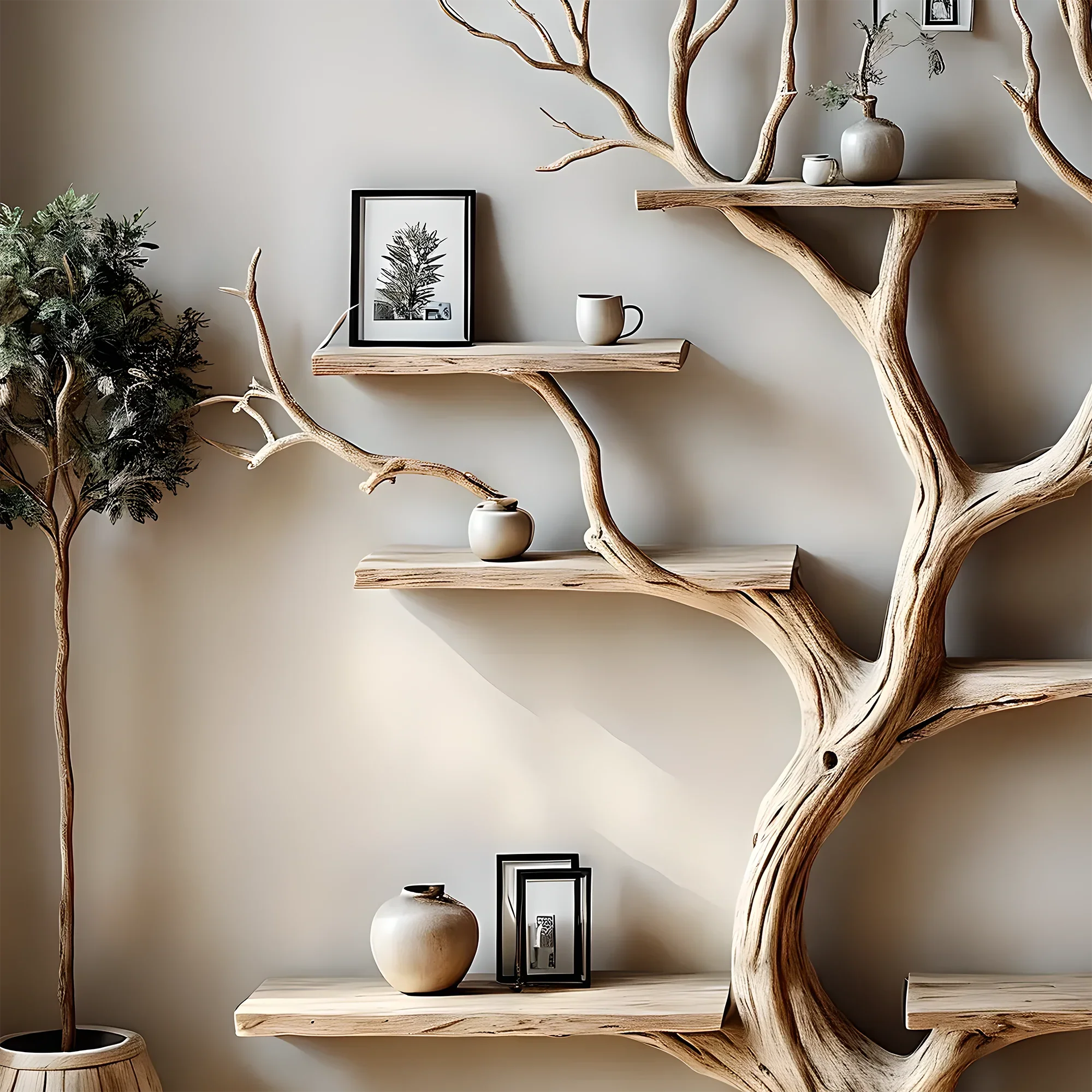 Decorative bookshelf, tree branch floor, wall-mounted, solid wood interior, home decoration, gift