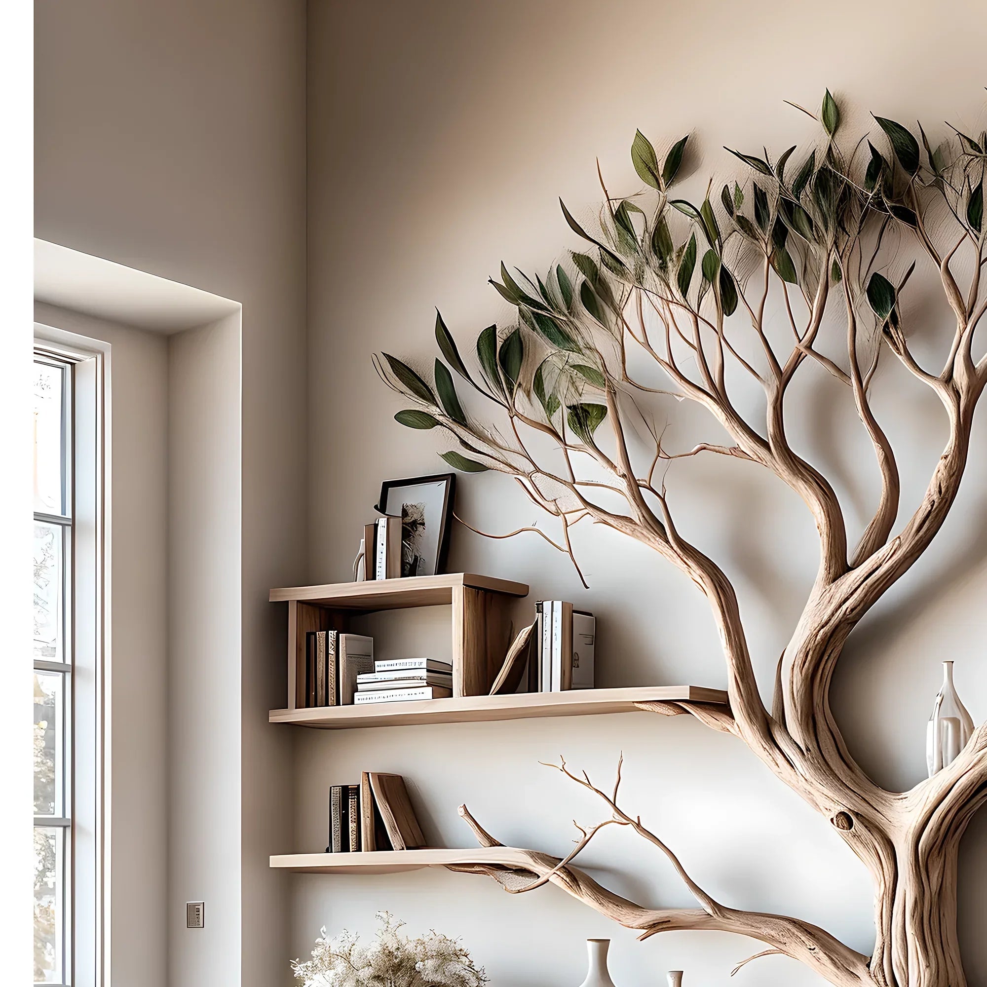 ancient tree bookshelf, floating bookshelf, solid wood