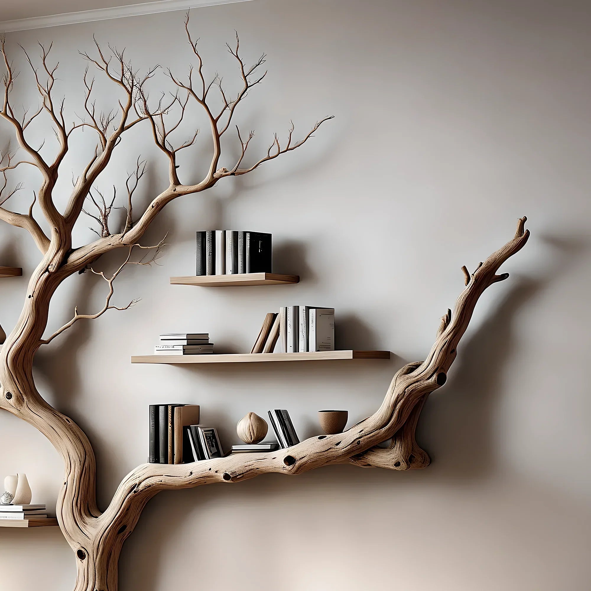 Decorative bookshelf made of solid driftwood for home decoration