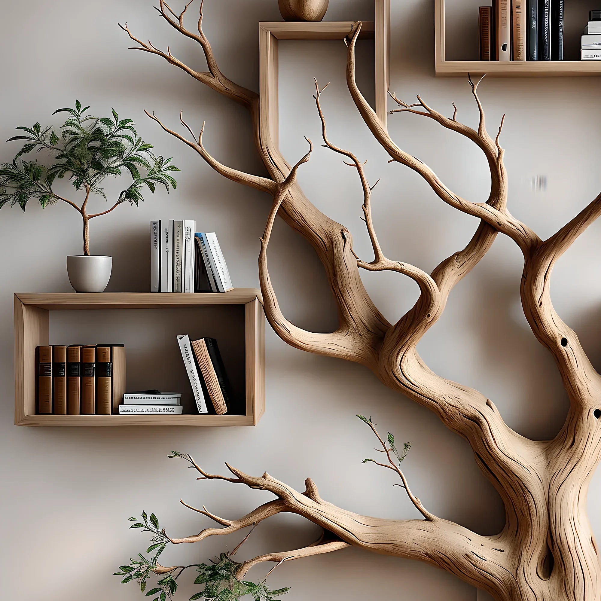 Bookshelf shaped like an old tree, aged wooden bookshelf, wall-mounted decorative bookshelf