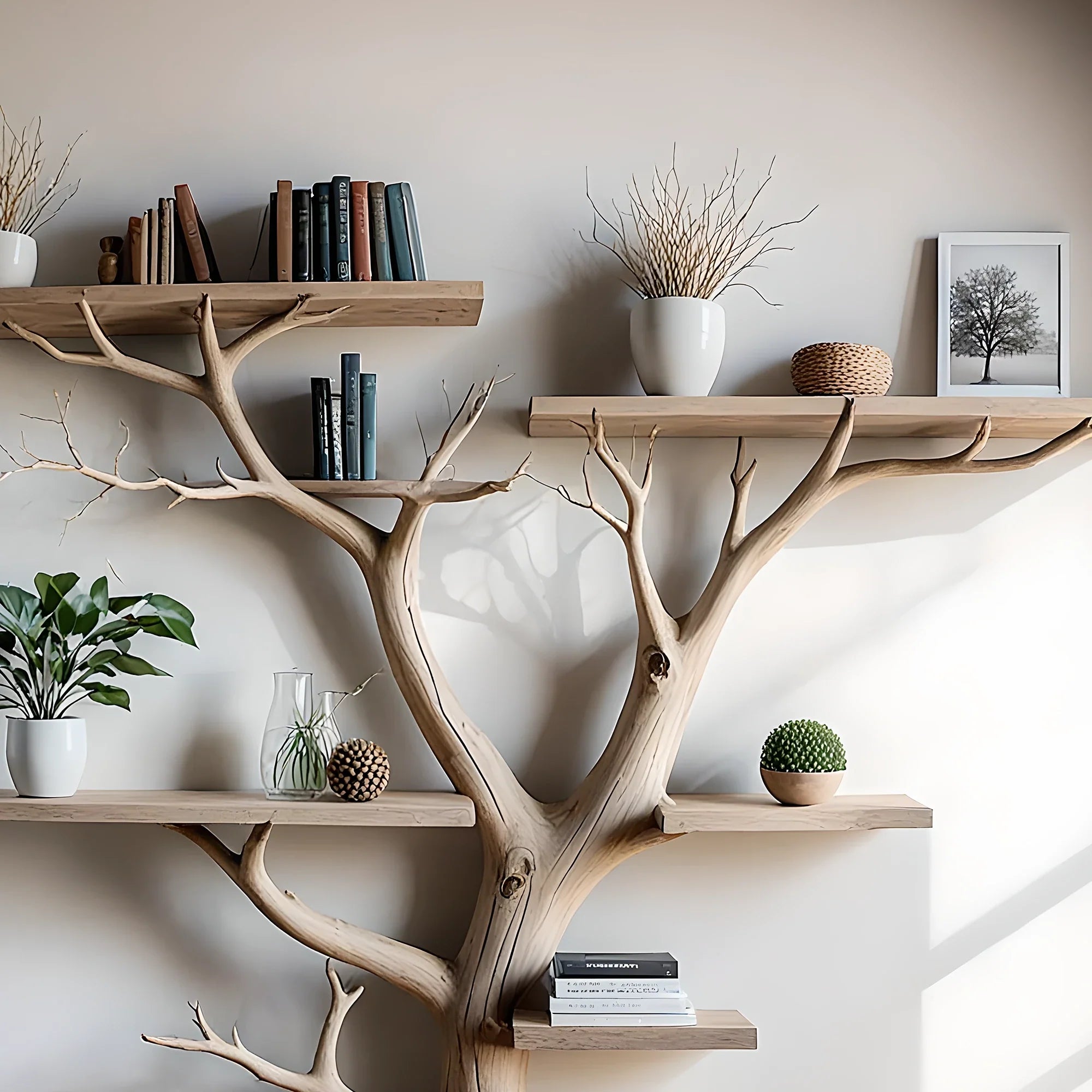 Tree floating book shelf wall mount solid wood walnut bookcase decor.