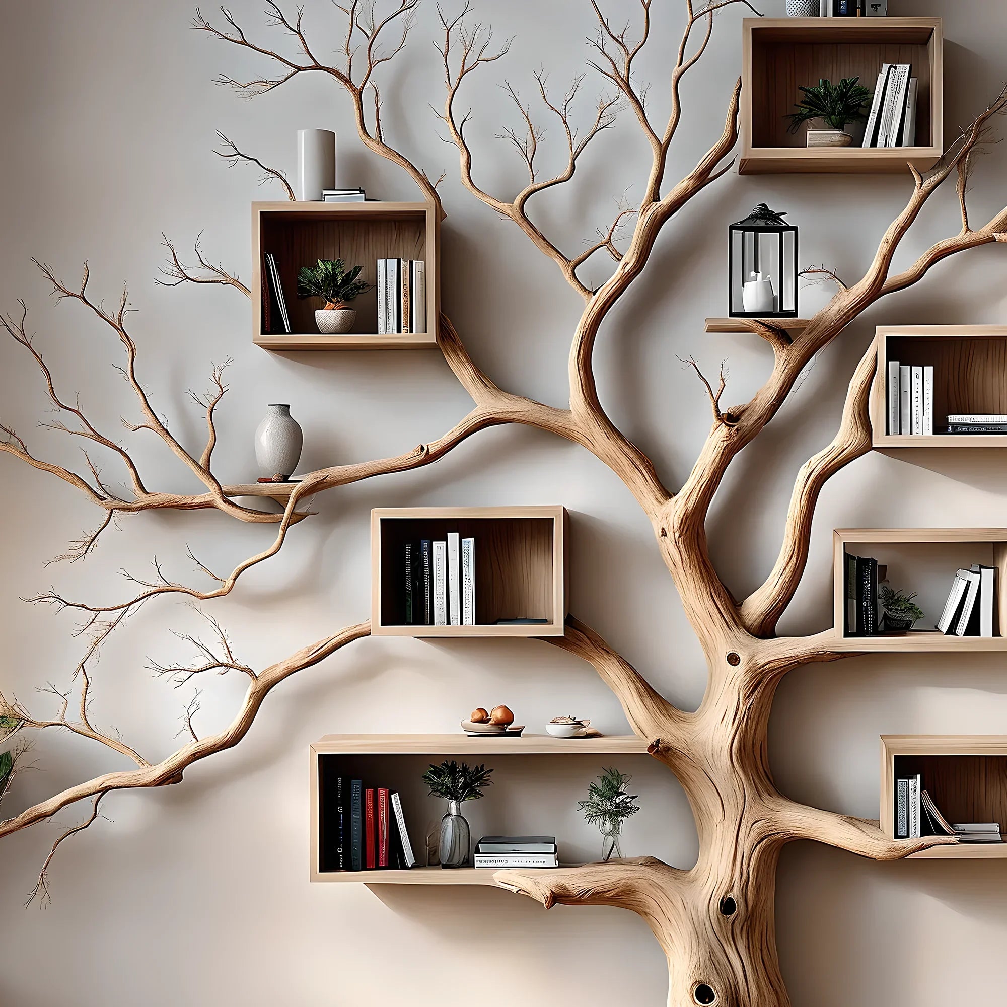 Tree-shaped bookshelf with box shelf, tree-shaped bookshelf, square floating shelf, home decoration