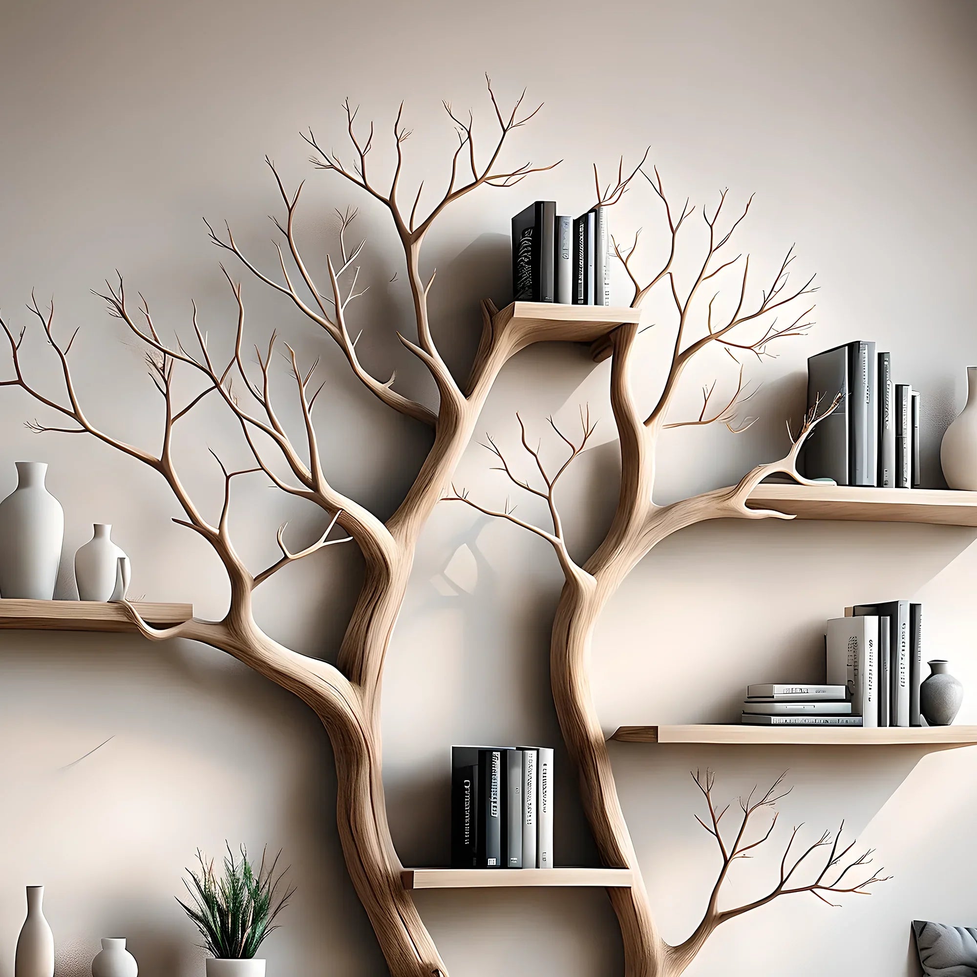 Bookshelf shaped like a tree with 2 branches, bookshelf shaped like a perennial wooden tree, living room decoration