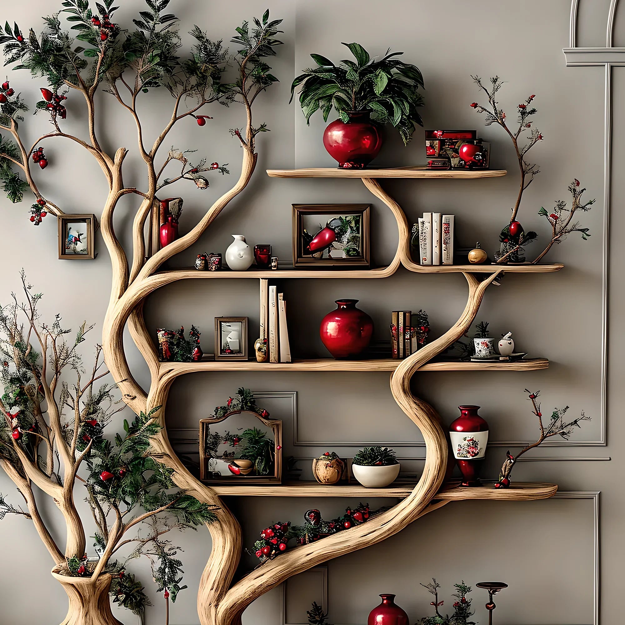 Decorative shelf in natural tree shape, solid wood, living room decoration