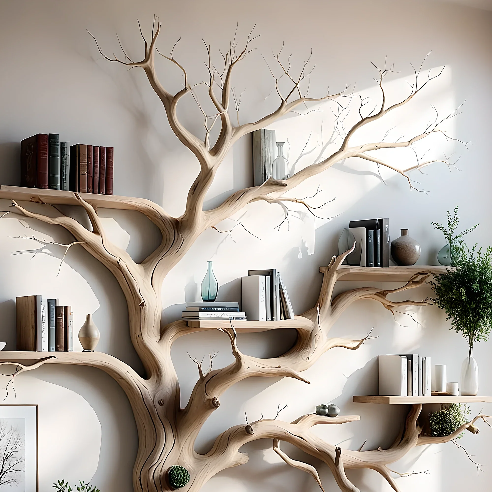 The unique tree-shaped bookshelf is made from natural driftwood, highlighted with artistic tree branches.