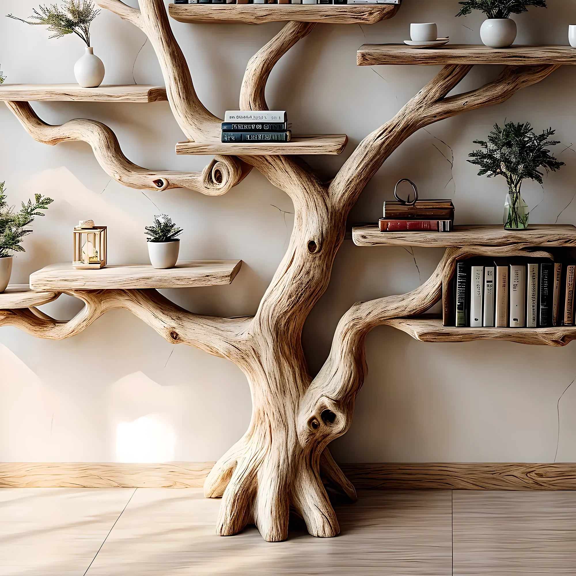 Bookshelf made of pine branches, Natural wood, Children's bookshelf, Decorative library