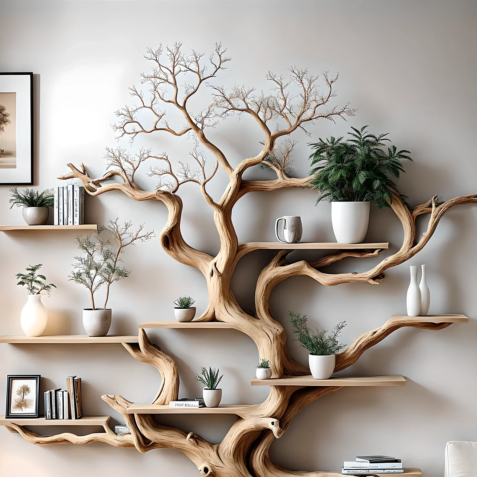 Driftwood bookshelf in the shape of perennial driftwood. Bookshelf in the shape of solid wood for home decoration