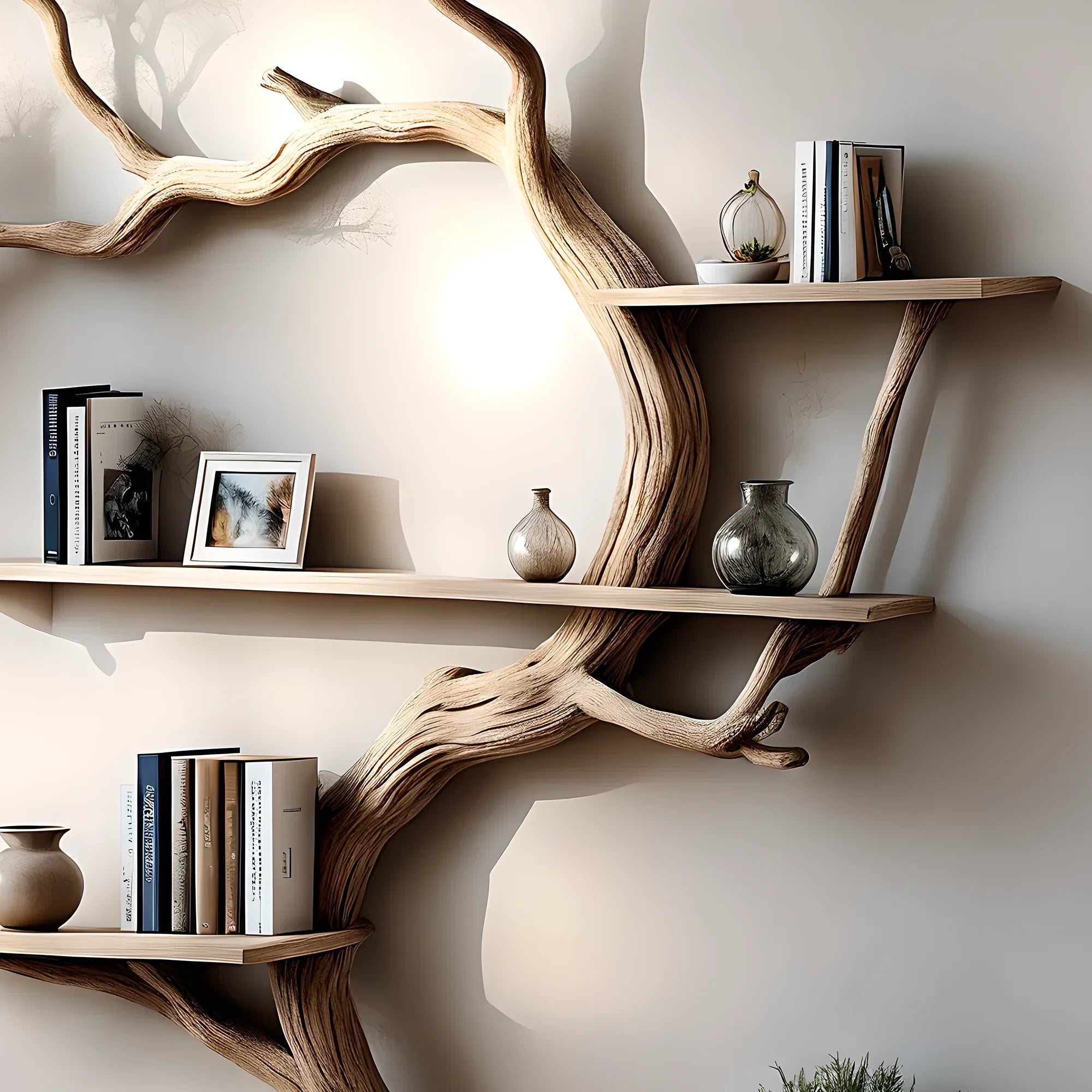 Driftwood tree-shaped bookshelf used to decorate living room, balcony