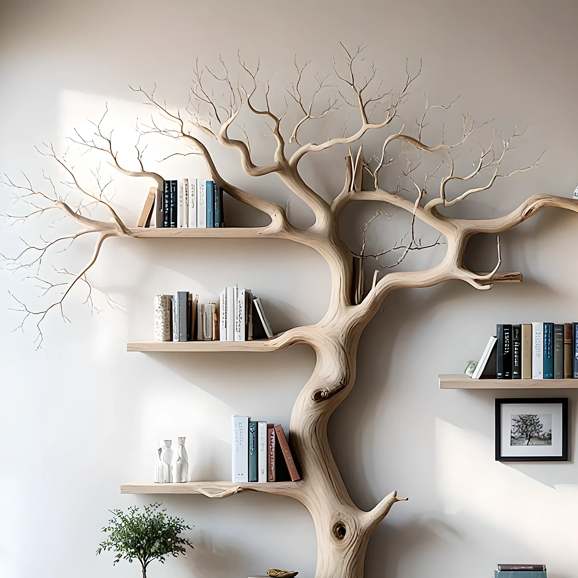 Tree bookshelf for living room or bedroom Handmade wooden furniture Driftwood branches bookshelves solid wood floating wall shelves.