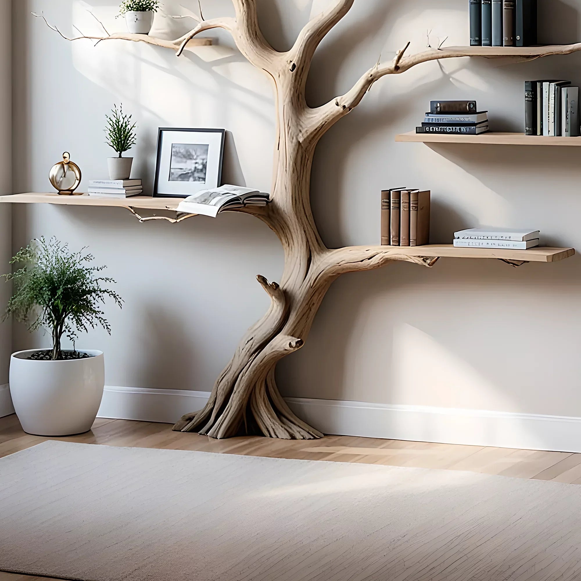 Tree shaped wall shelf, old wooden shelf. Decorative bookshelf