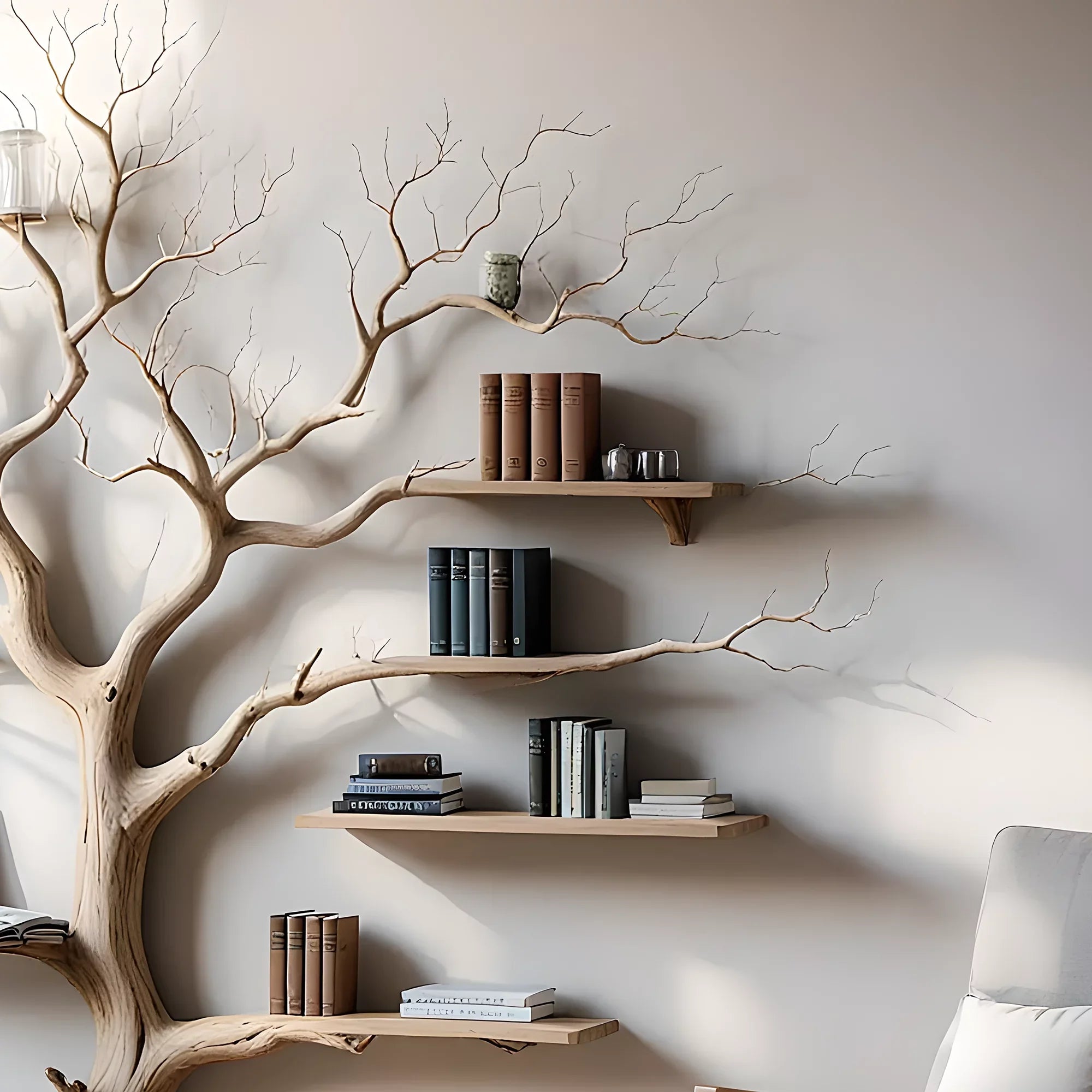 Tree shaped wall shelf, old wooden shelf. Decorative bookshelf