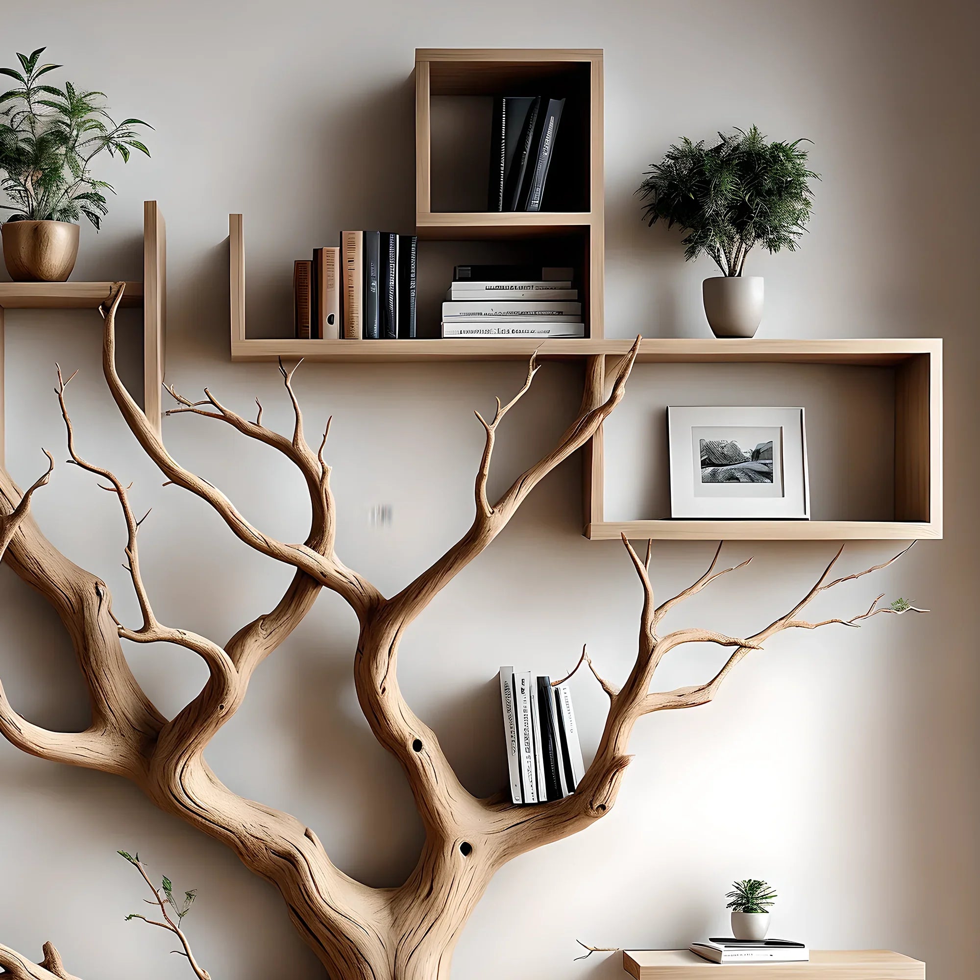 Bookshelf shaped like an old tree, aged wooden bookshelf, wall-mounted decorative bookshelf