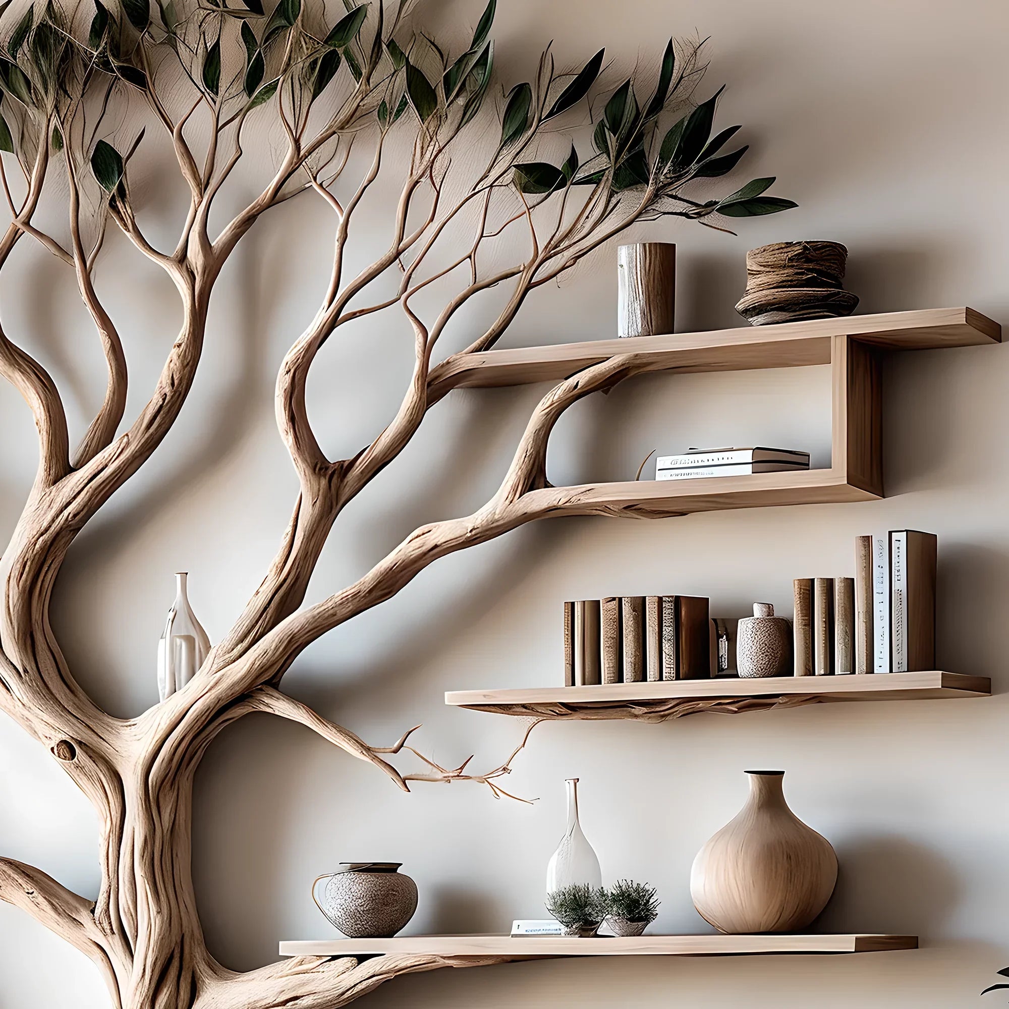 ancient tree bookshelf, floating bookshelf, solid wood