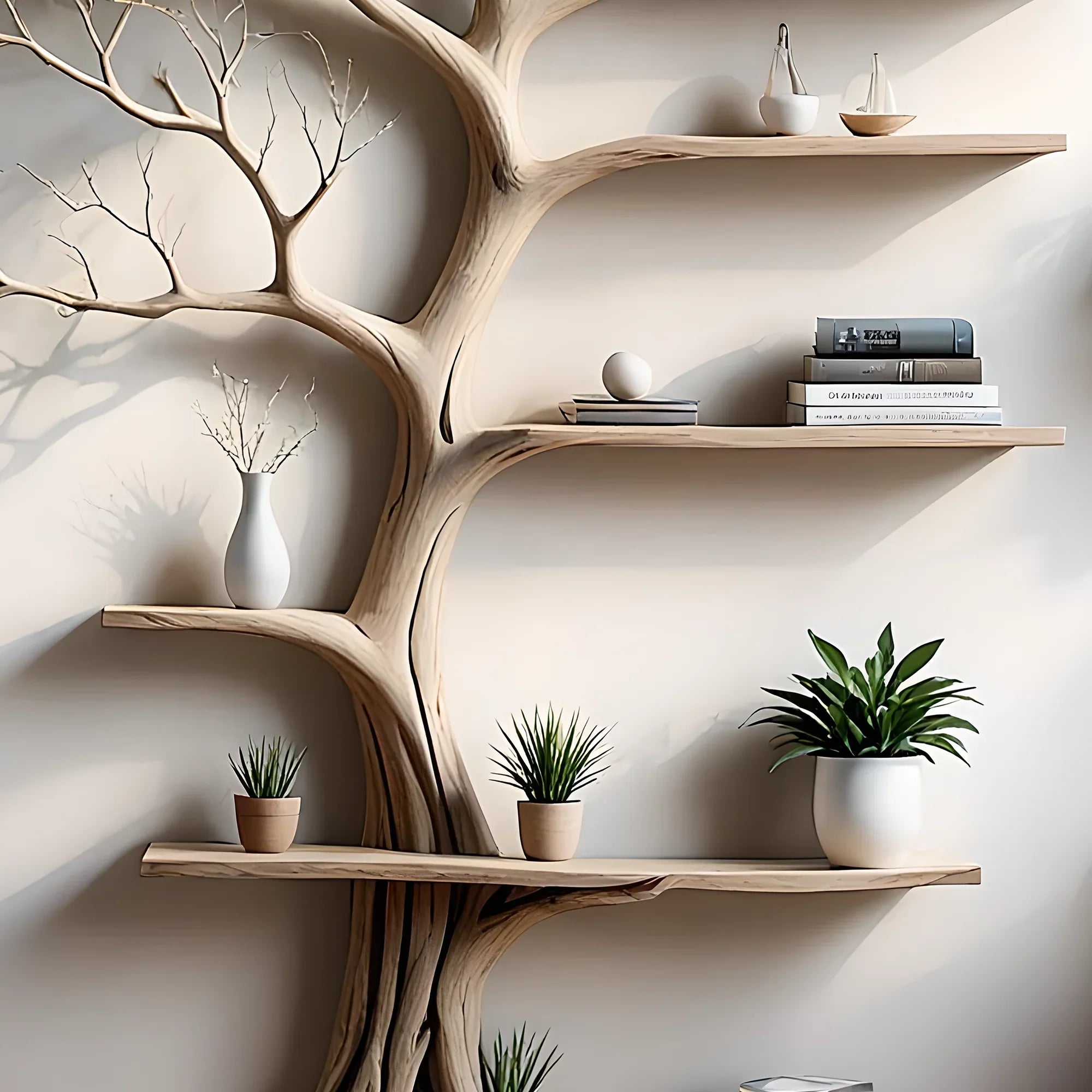 Tree-shaped bookshelf, 100% handmade, solid wood shelf, floating shelf, living room decoration shelf, natural wood shelf