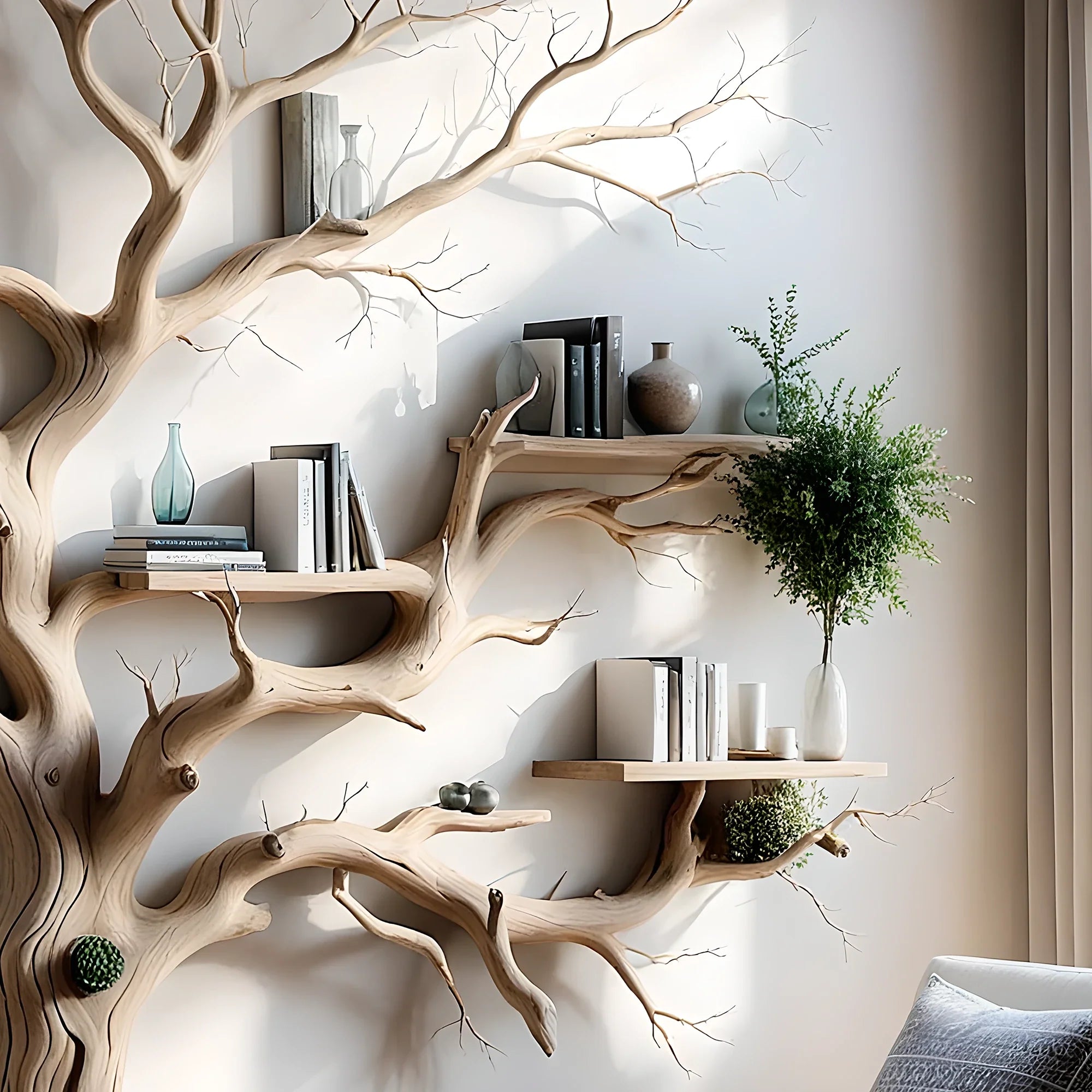 The unique tree-shaped bookshelf is made from natural driftwood, highlighted with artistic tree branches.