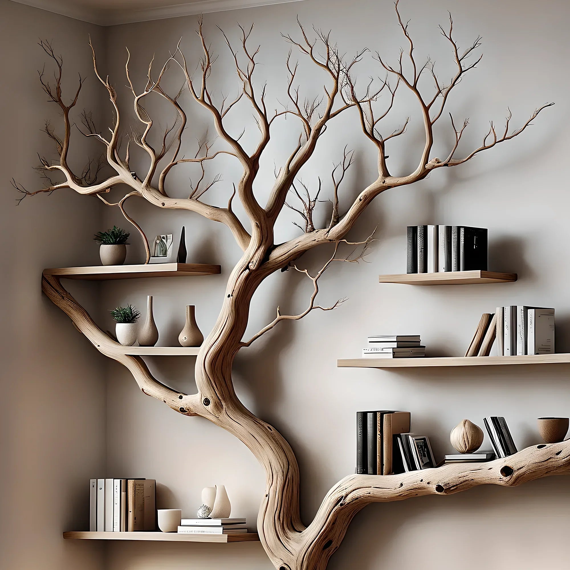 Decorative bookshelf made of solid driftwood for home decoration