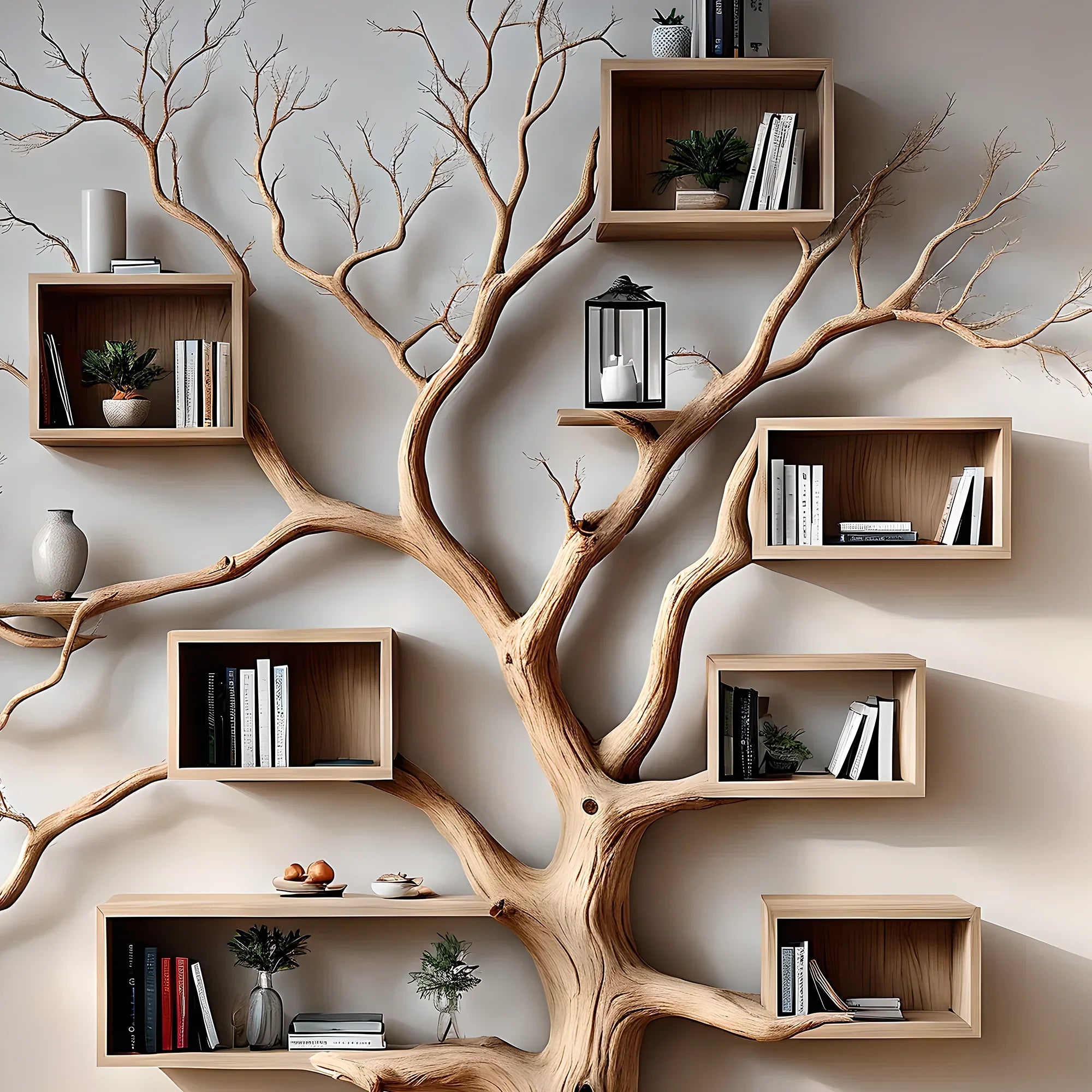 Tree-shaped bookshelf with box shelf, tree-shaped bookshelf, square floating shelf, home decoration