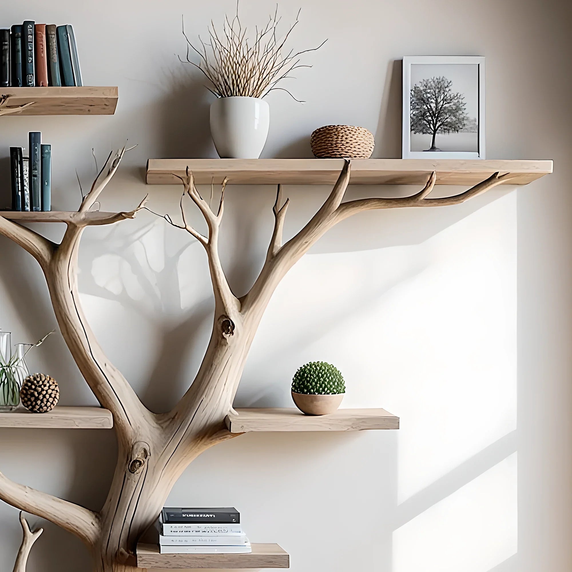 Tree floating book shelf wall mount solid wood walnut bookcase decor.