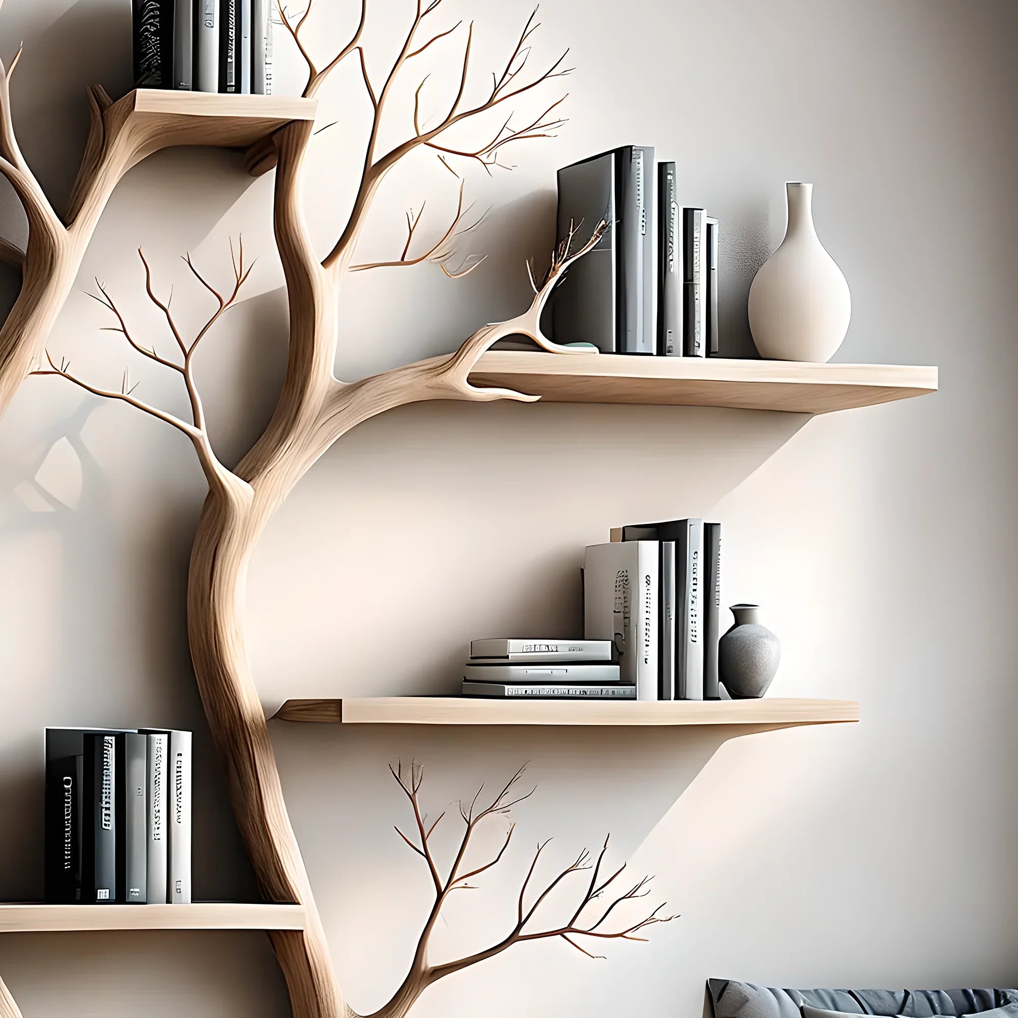 Bookshelf shaped like a tree with 2 branches, bookshelf shaped like a perennial wooden tree, living room decoration