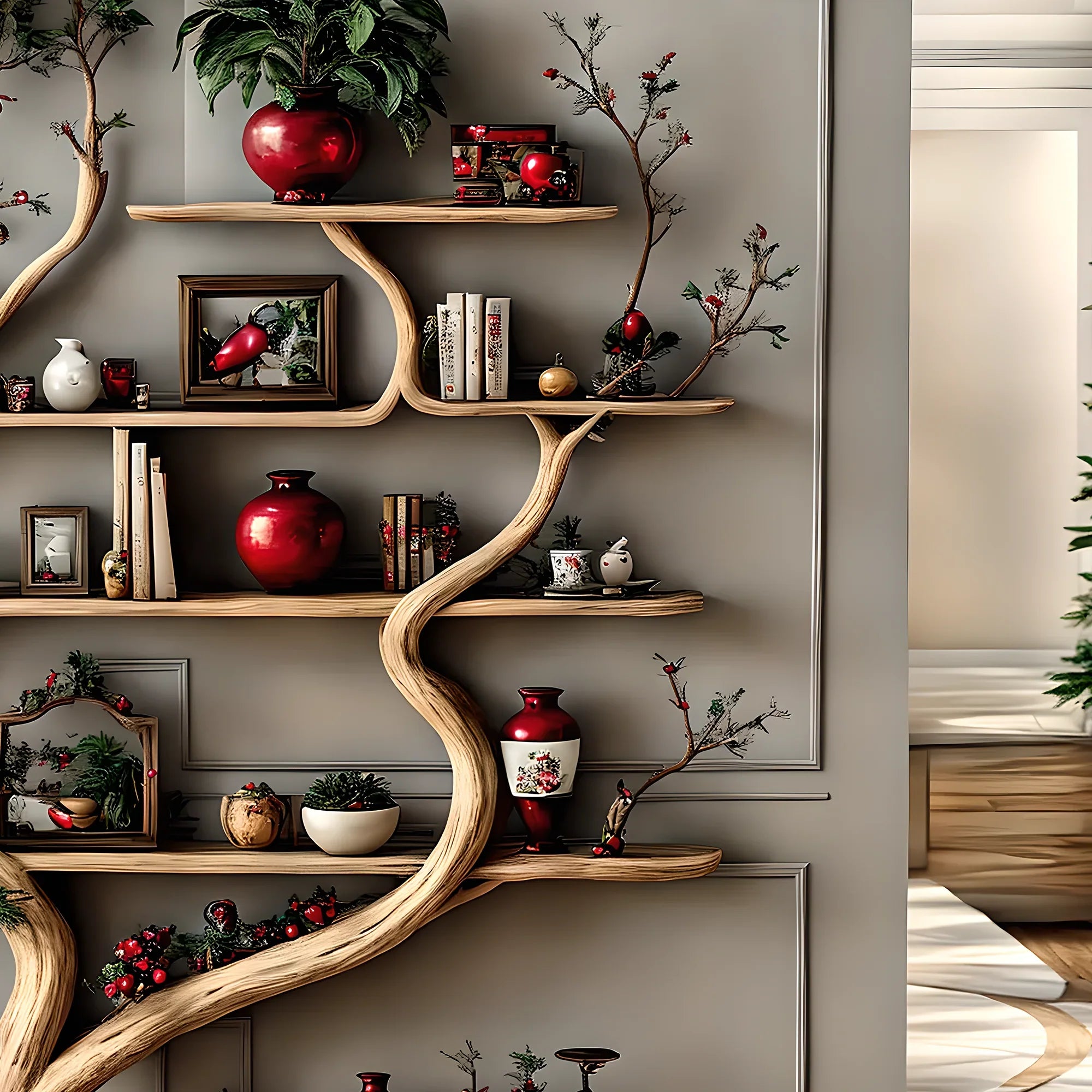 Decorative shelf in natural tree shape, solid wood, living room decoration