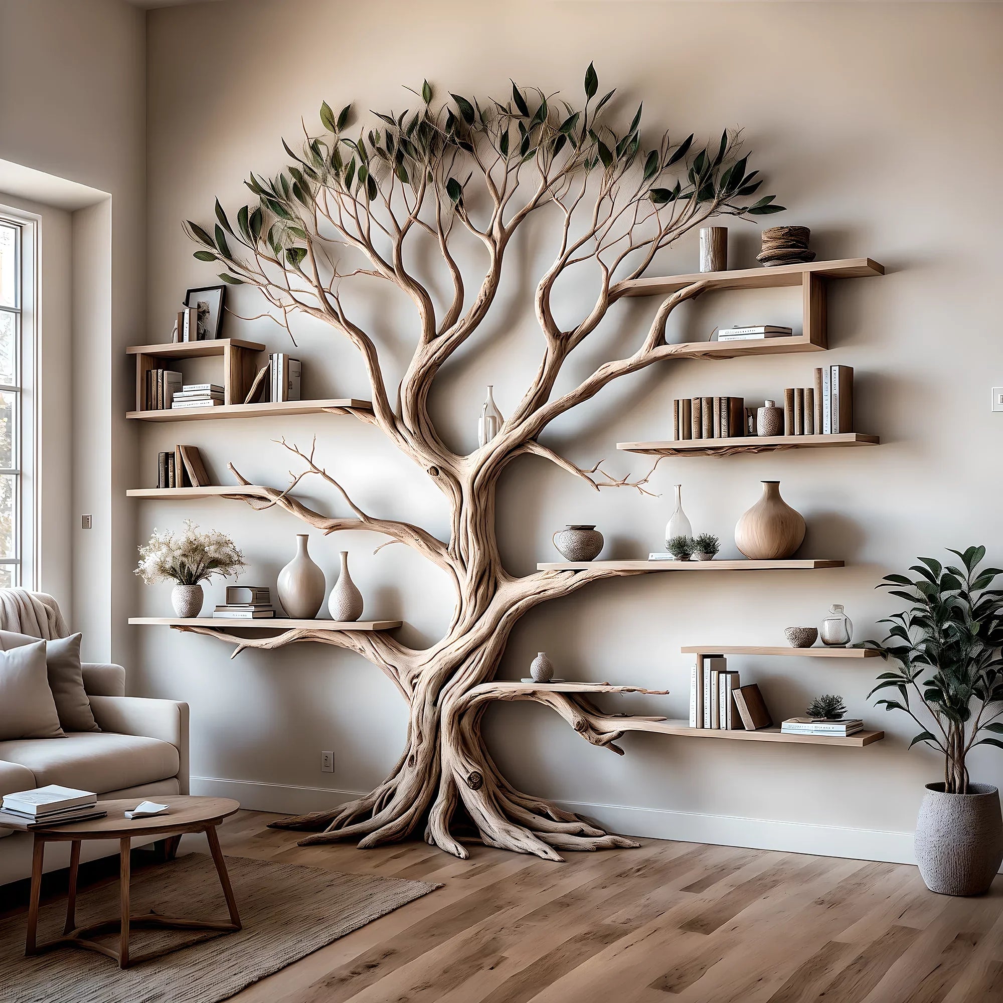 ancient tree bookshelf, floating bookshelf, solid wood