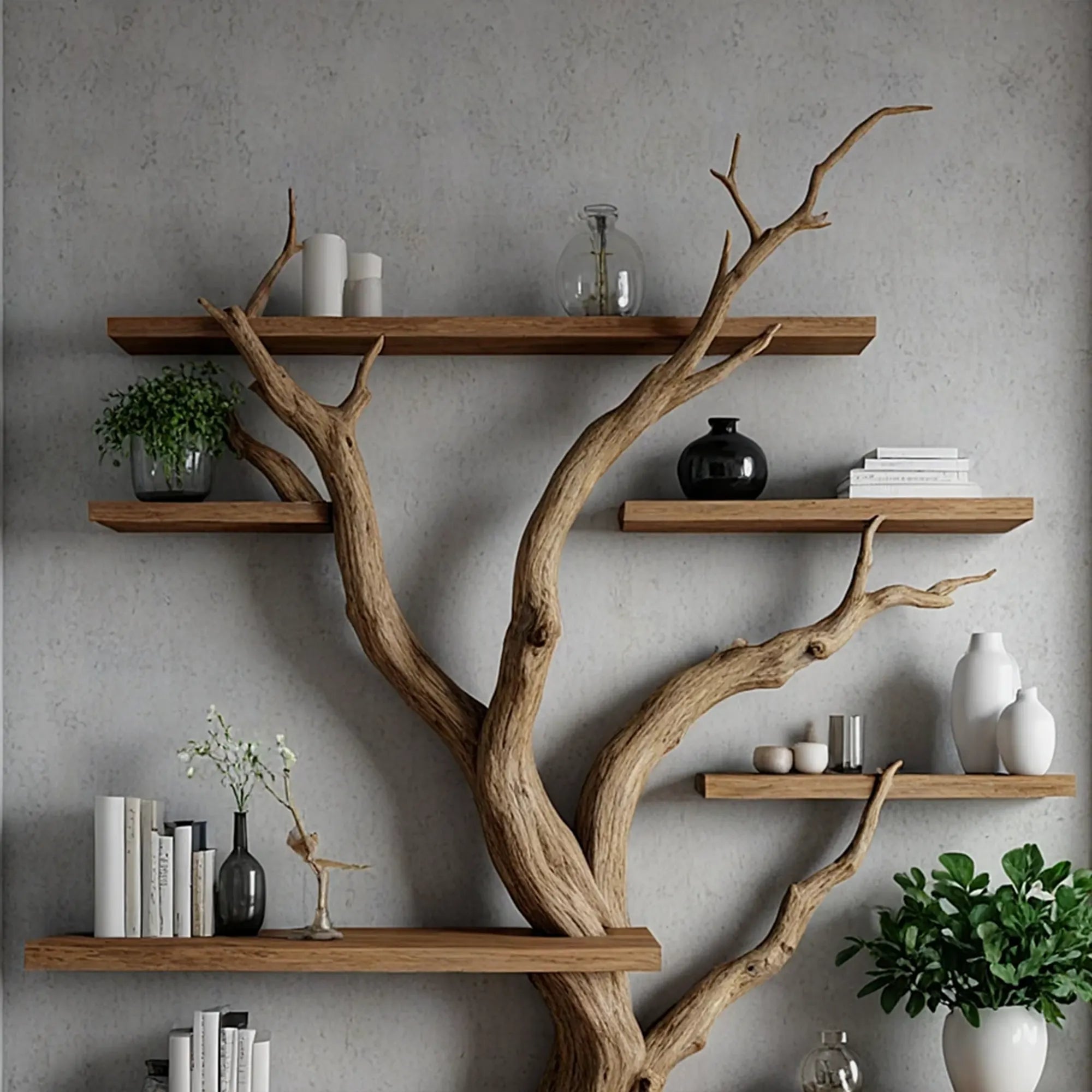 Tree branch floating shelf solid wood live edge floating corner wall shelf unique bookcase home decor.