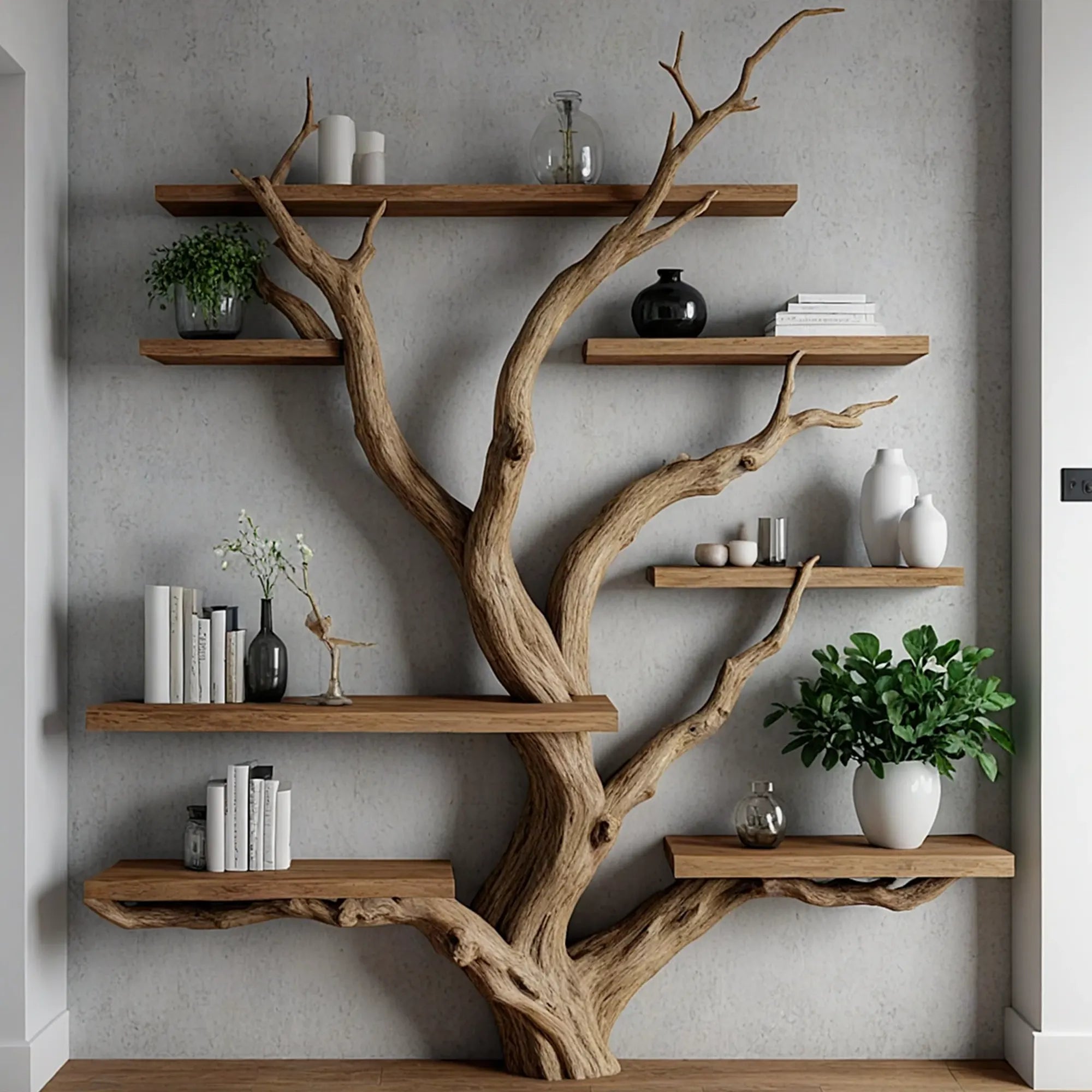 Tree branch floating shelf solid wood live edge floating corner wall shelf unique bookcase home decor.