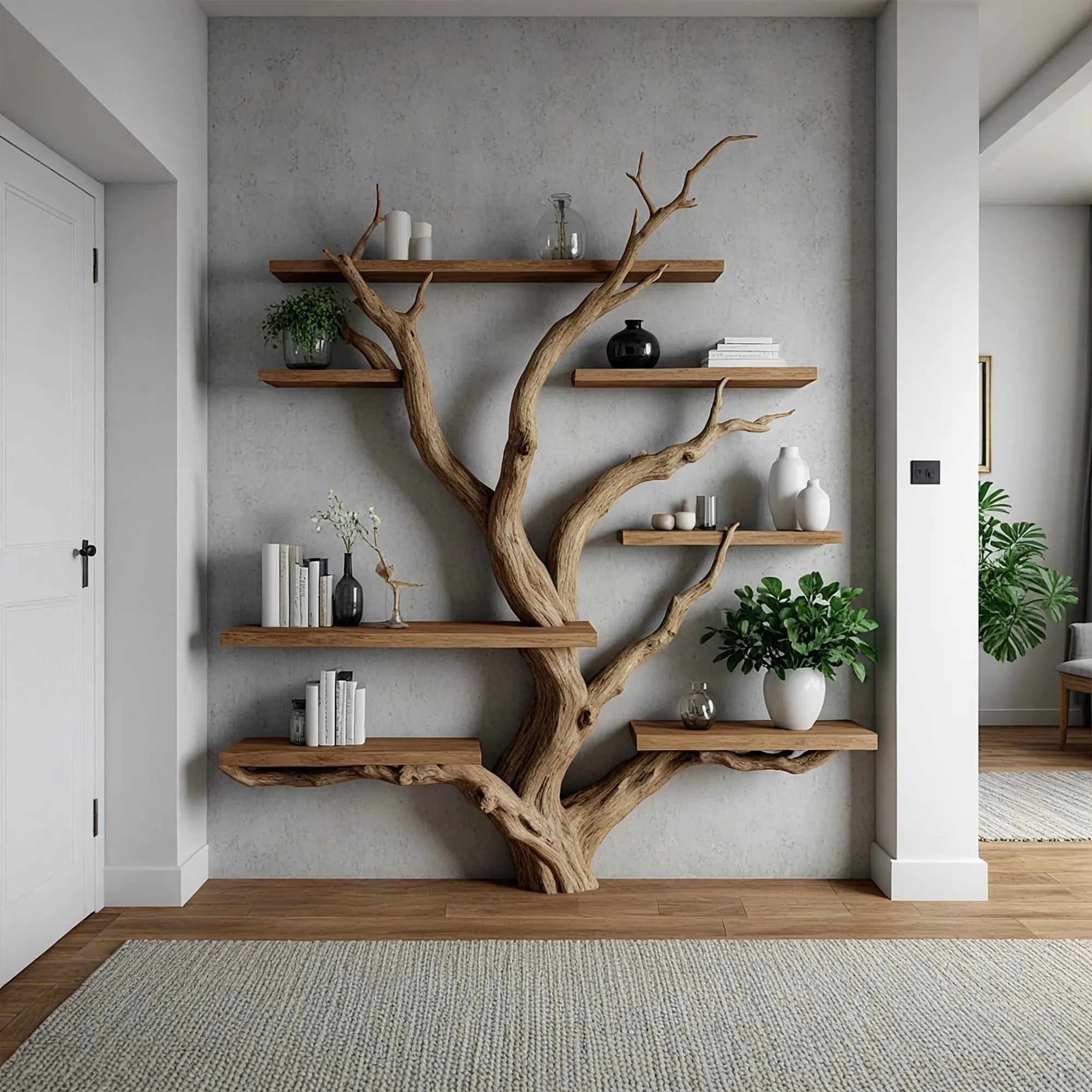 Tree branch floating shelf solid wood live edge floating corner wall shelf unique bookcase home decor.